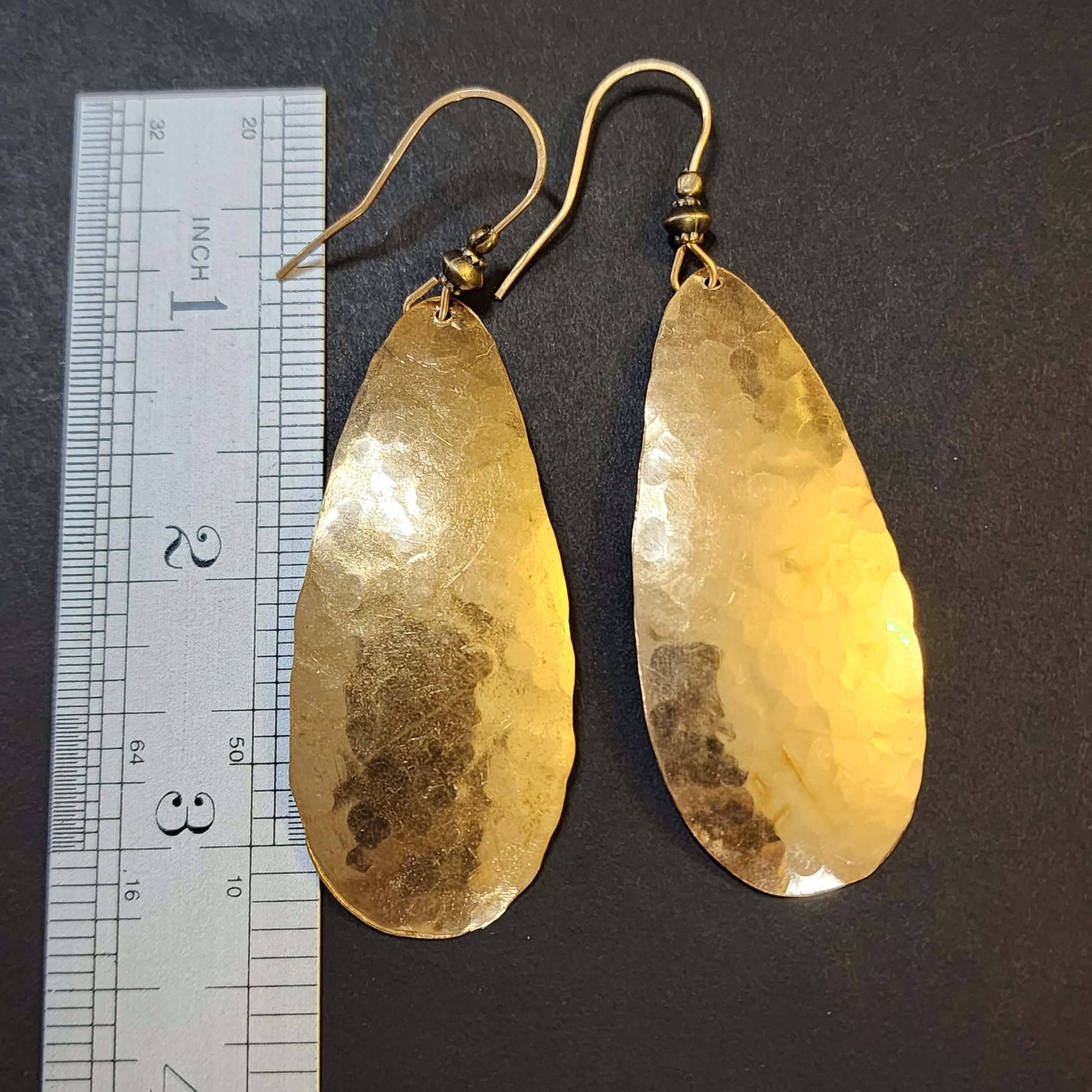 Large 3 Inch Hammered Brass Teardrop Earrings