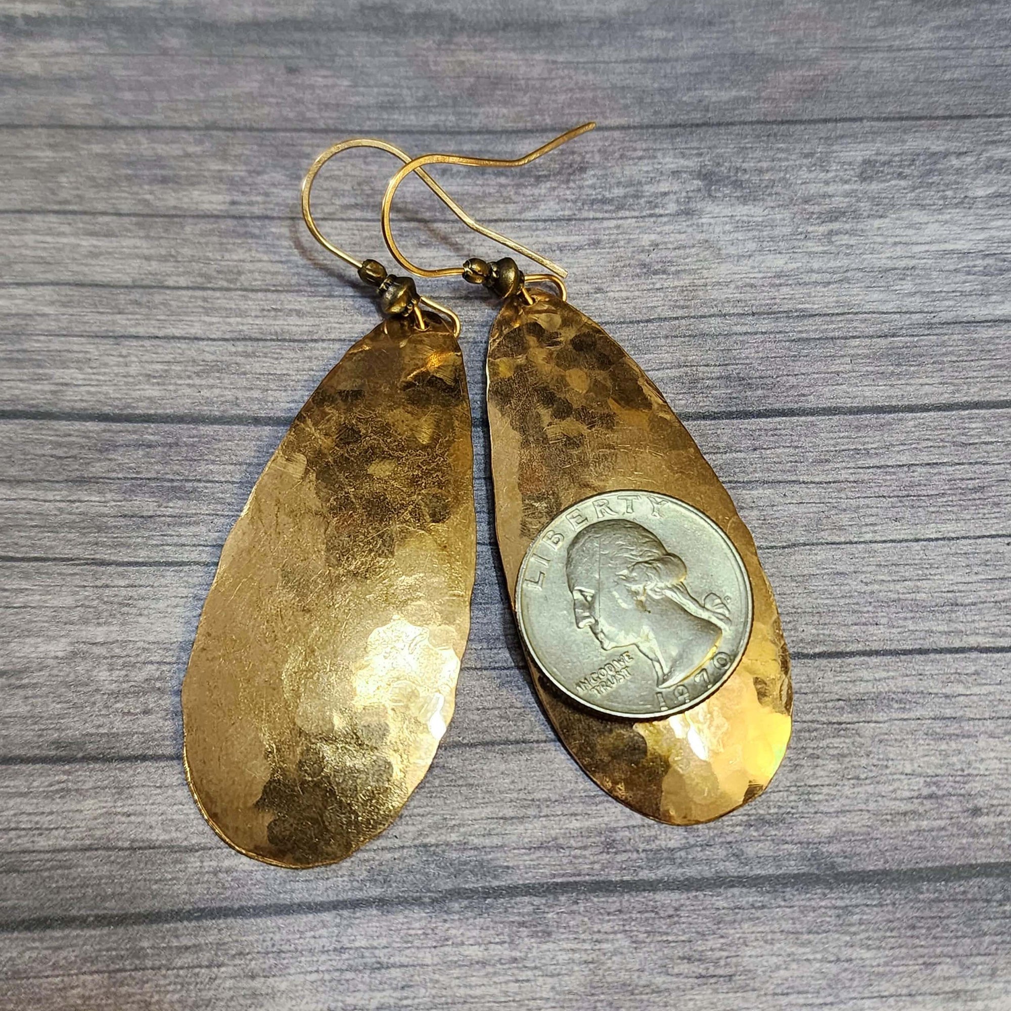 Large 3 Inch Hammered Brass Teardrop Earrings
