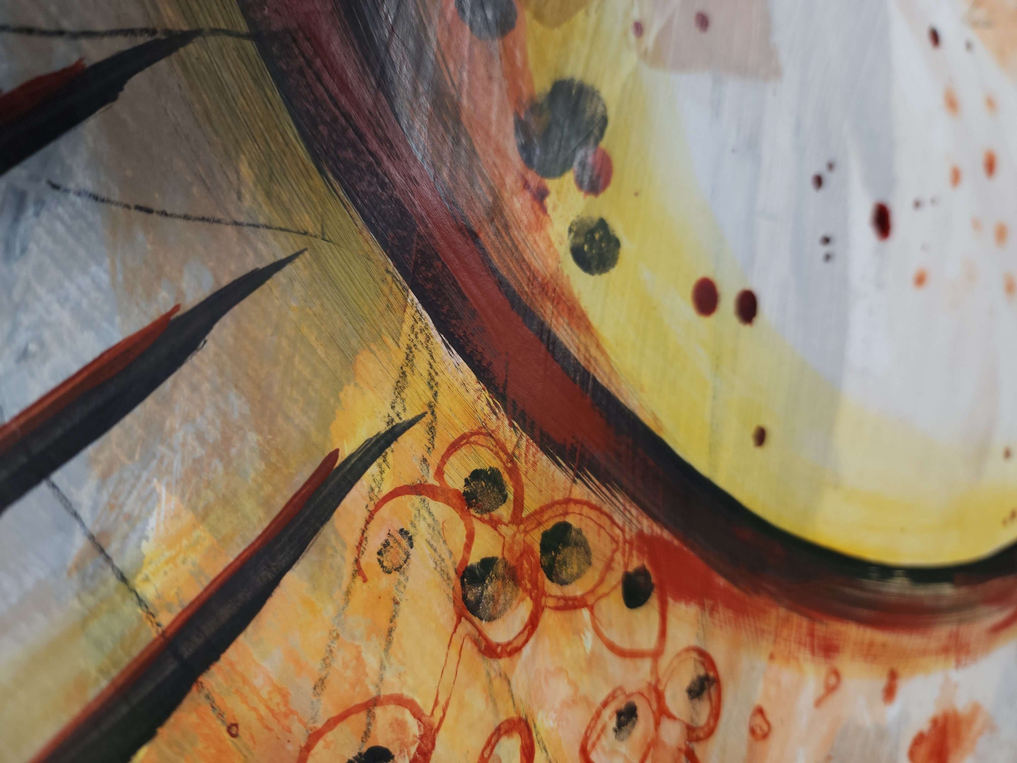 close-up detail of Abstract painting on paper by Amber Killinger, industrial art, grunge rusty brown, gray and black