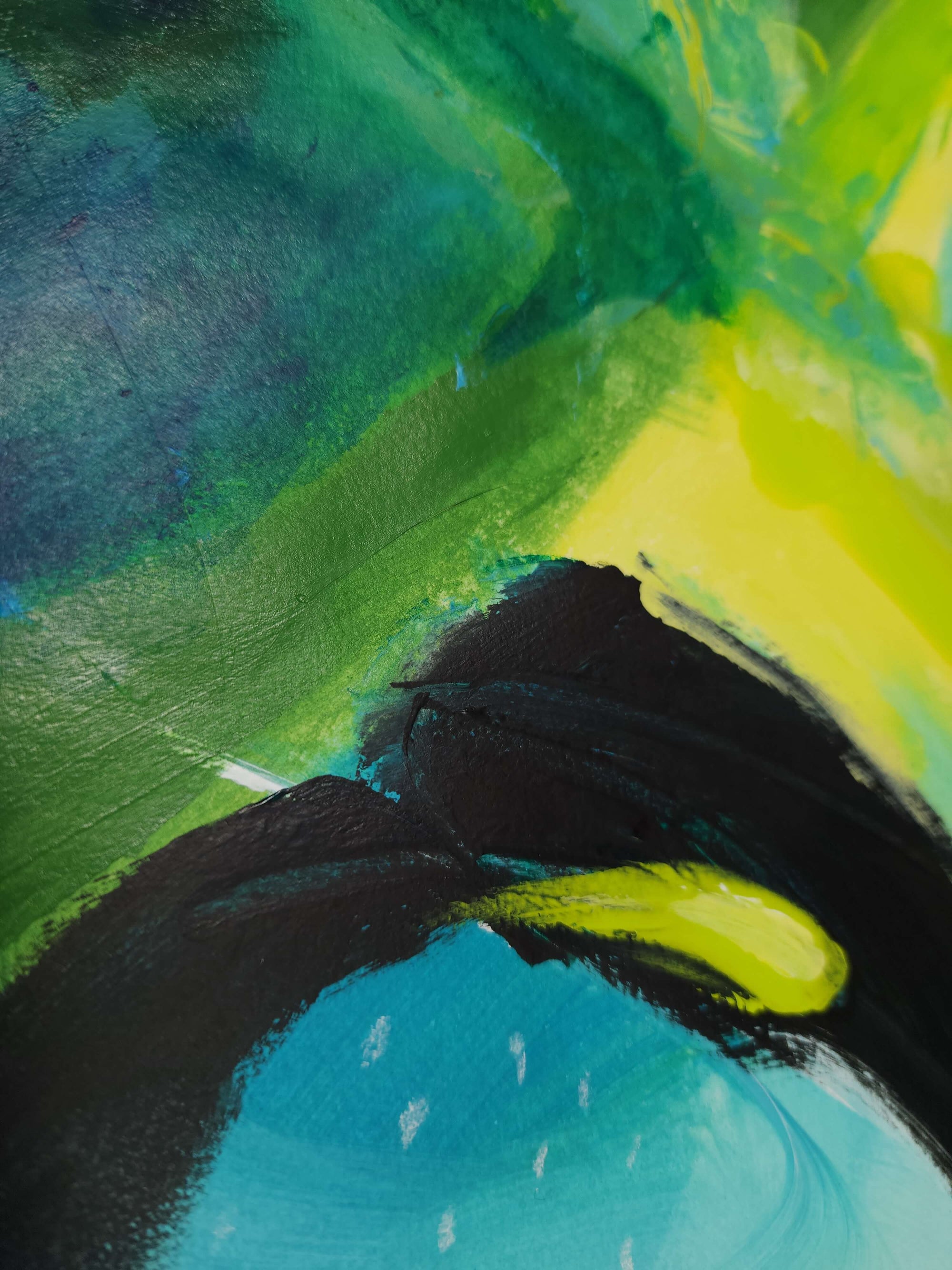 Close up detail of Bold blue abstract painting on paper, original art by Amber Killinger, 24x18 inches
