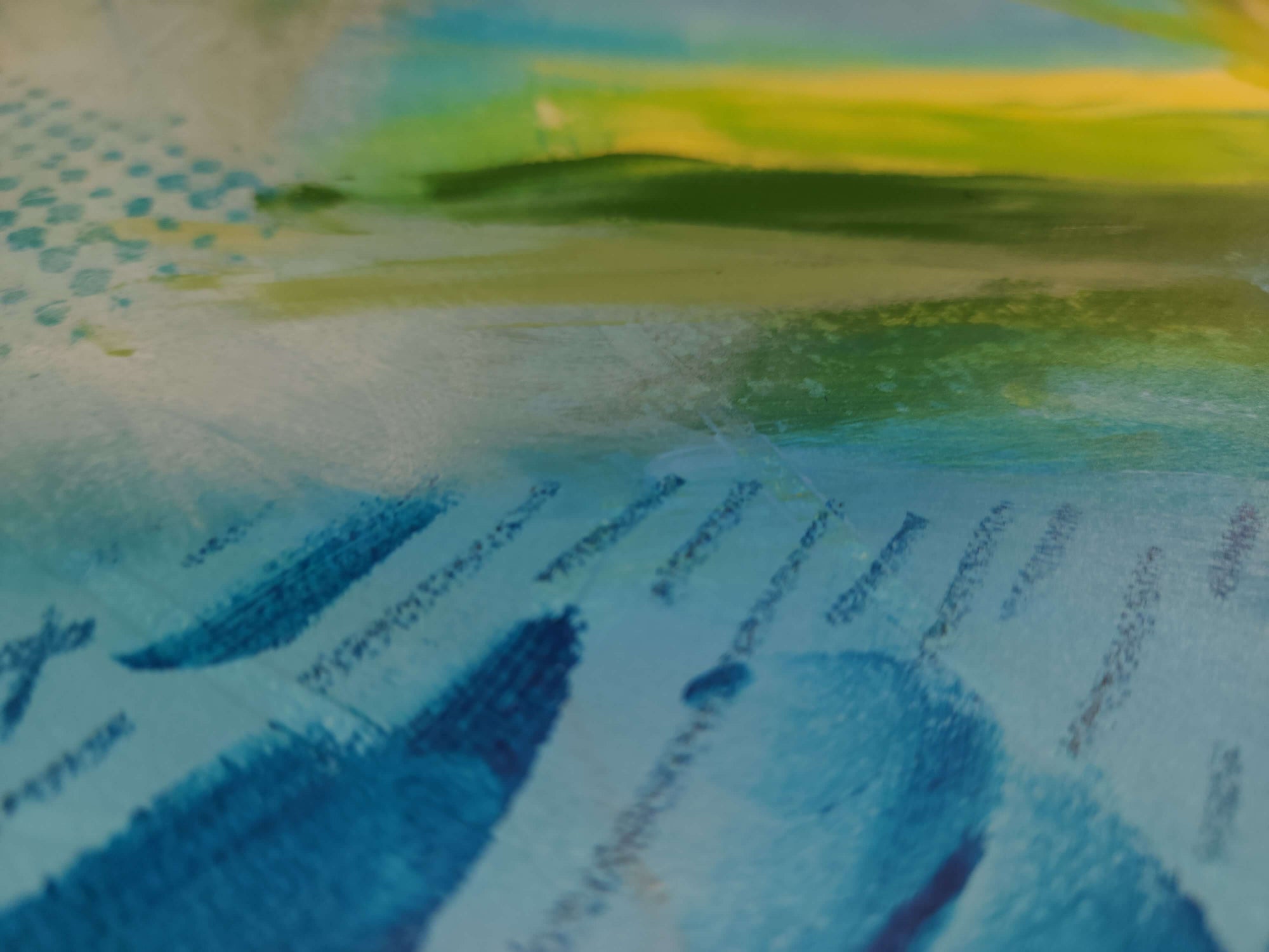 Close up detail of Bold blue abstract painting on paper, original art by Amber Killinger, 24x18 inches