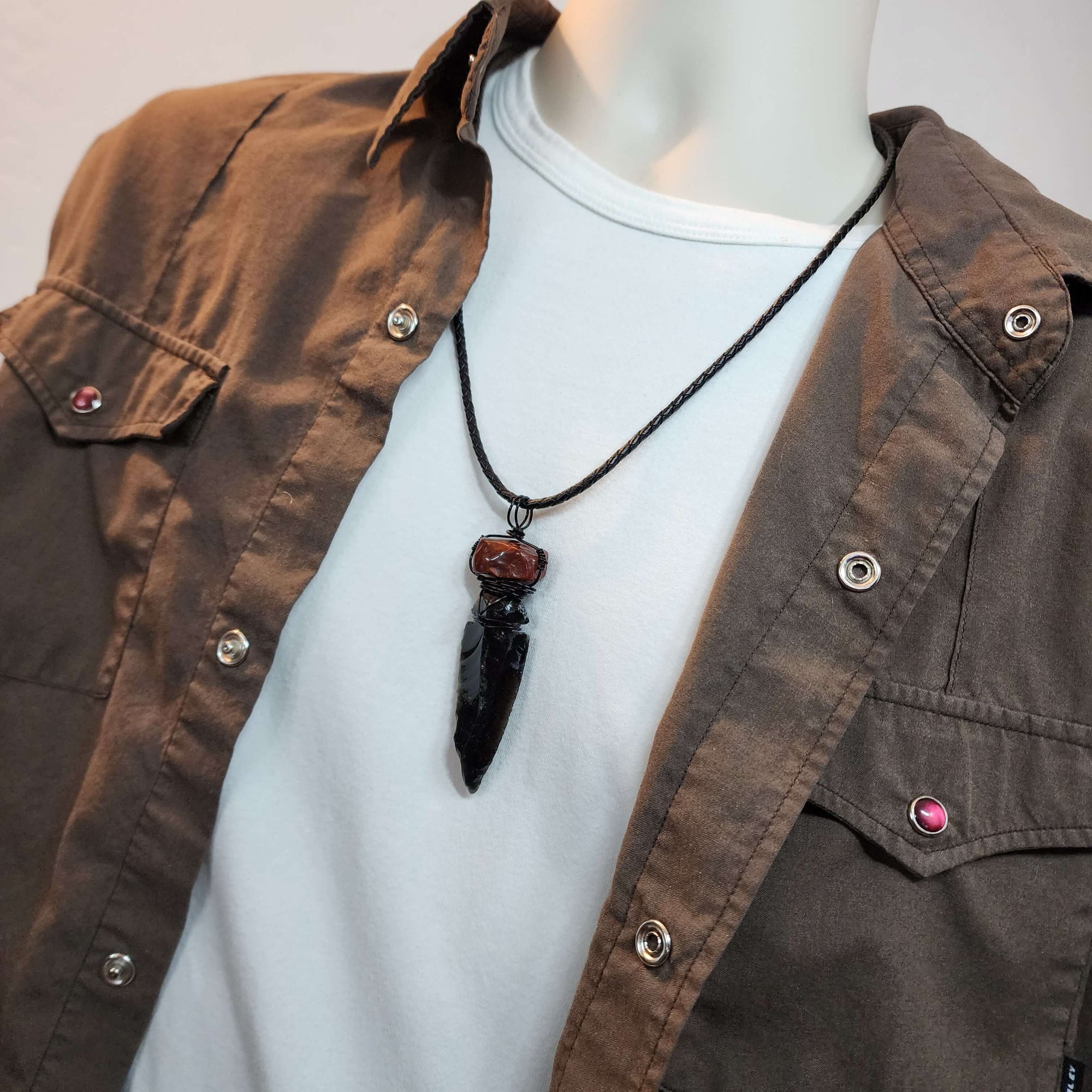 Mens Carnelian & Obsidian Statement Pendant Necklace