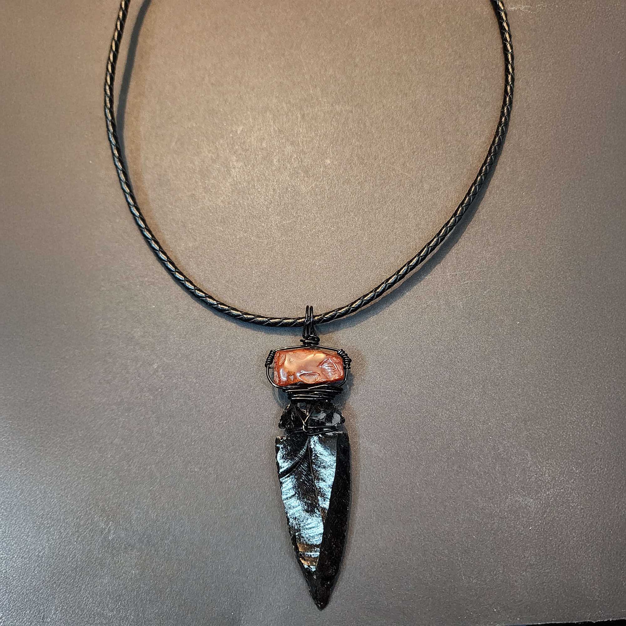 Mens Carnelian & Obsidian Statement Pendant Necklace