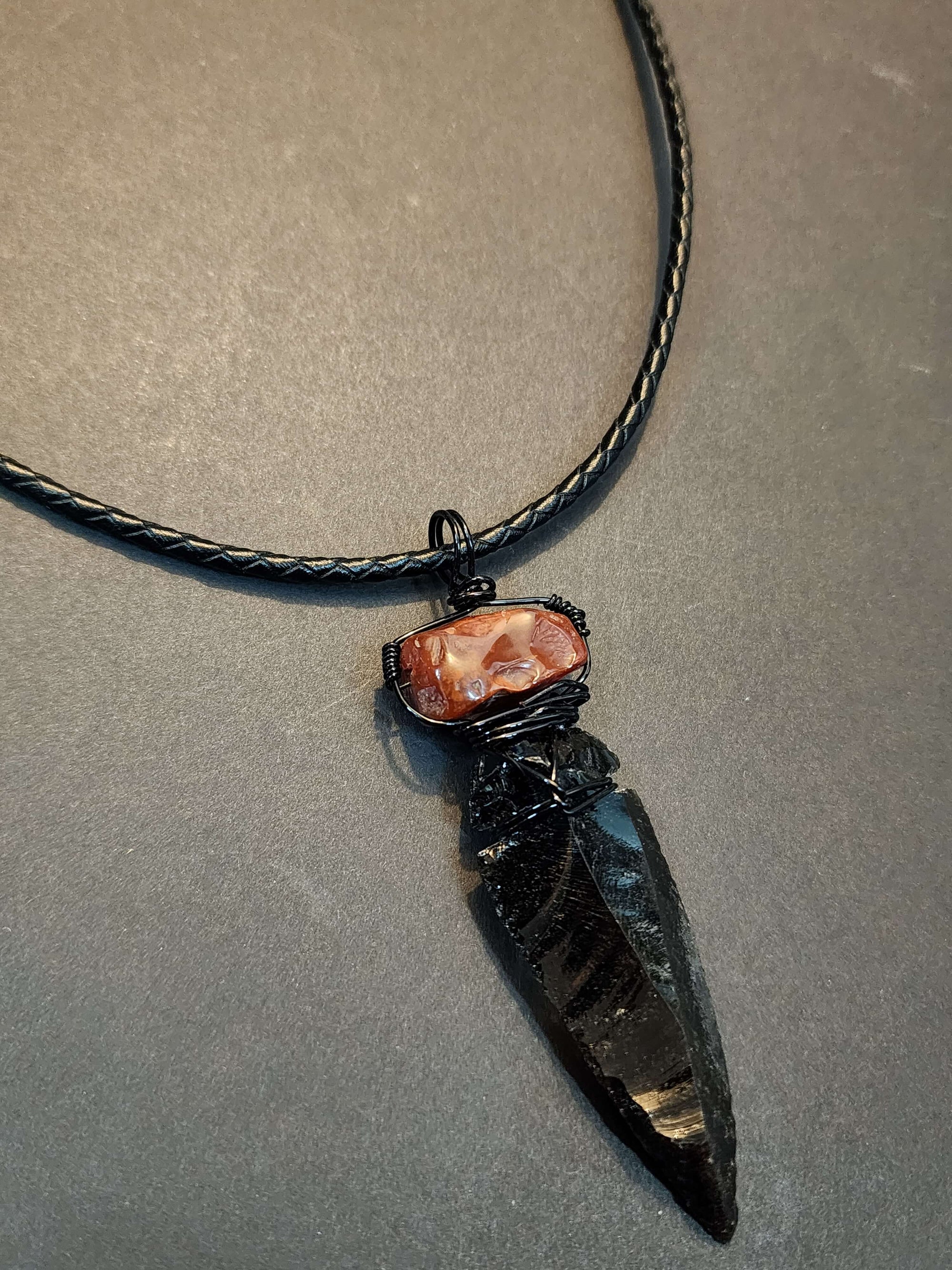 Mens Carnelian & Obsidian Statement Pendant Necklace