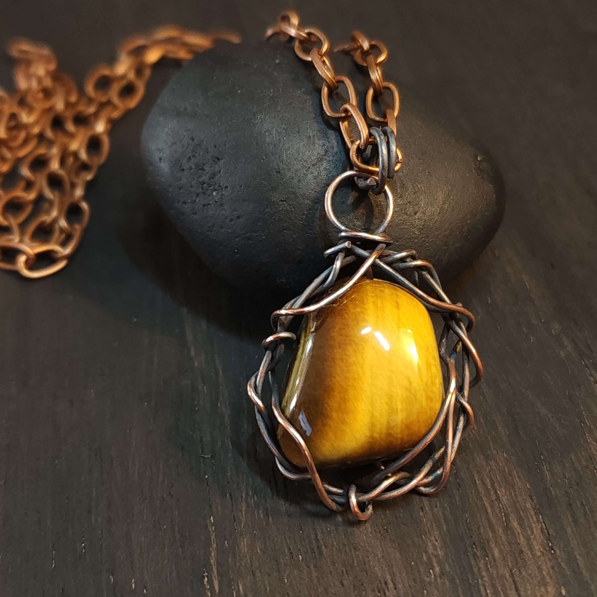 Mens Tiger Eye Copper Pendant Necklace