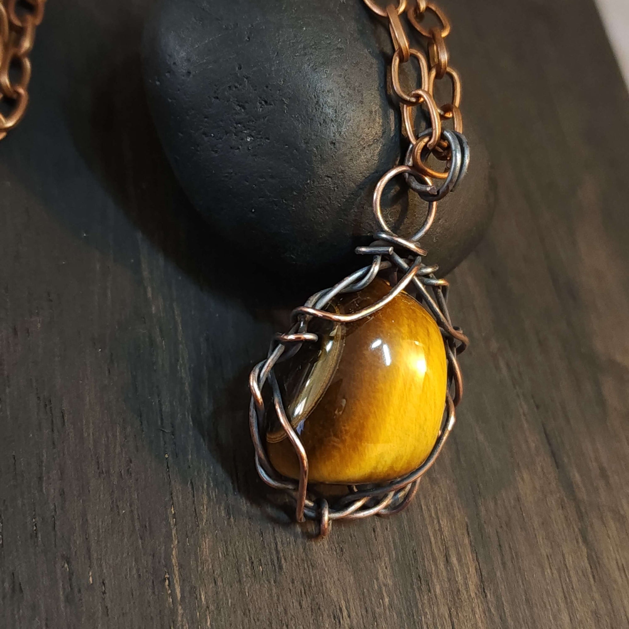 Mens Tiger Eye Copper Pendant Necklace