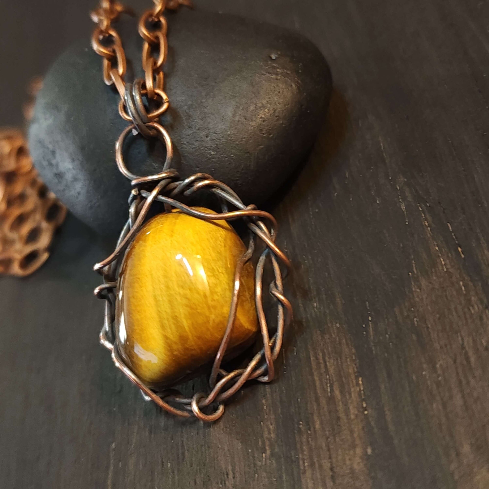 Mens Tiger Eye Copper Pendant Necklace