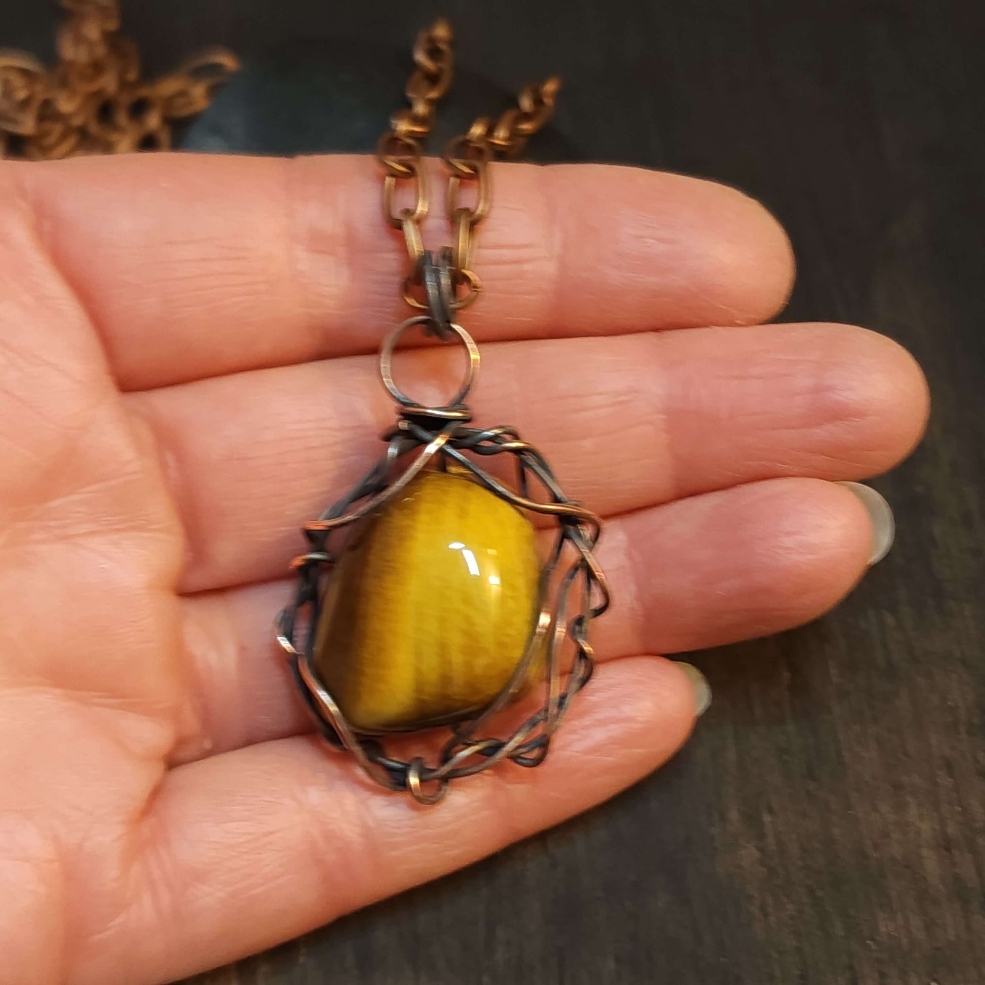 Mens Tiger Eye Copper Pendant Necklace