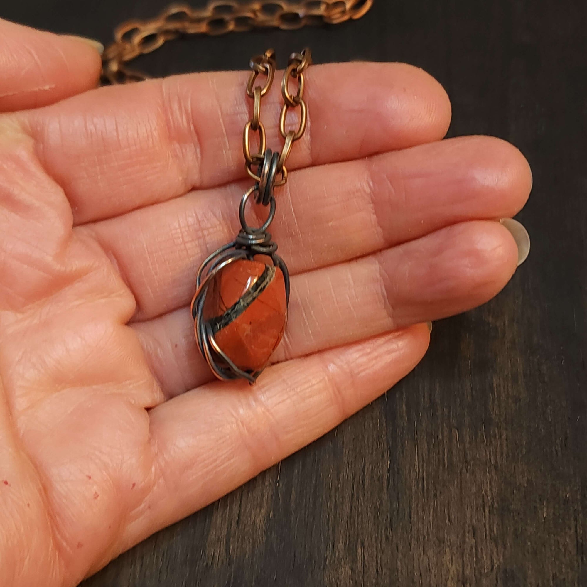 Mens Red Jasper Copper Pendant Necklace