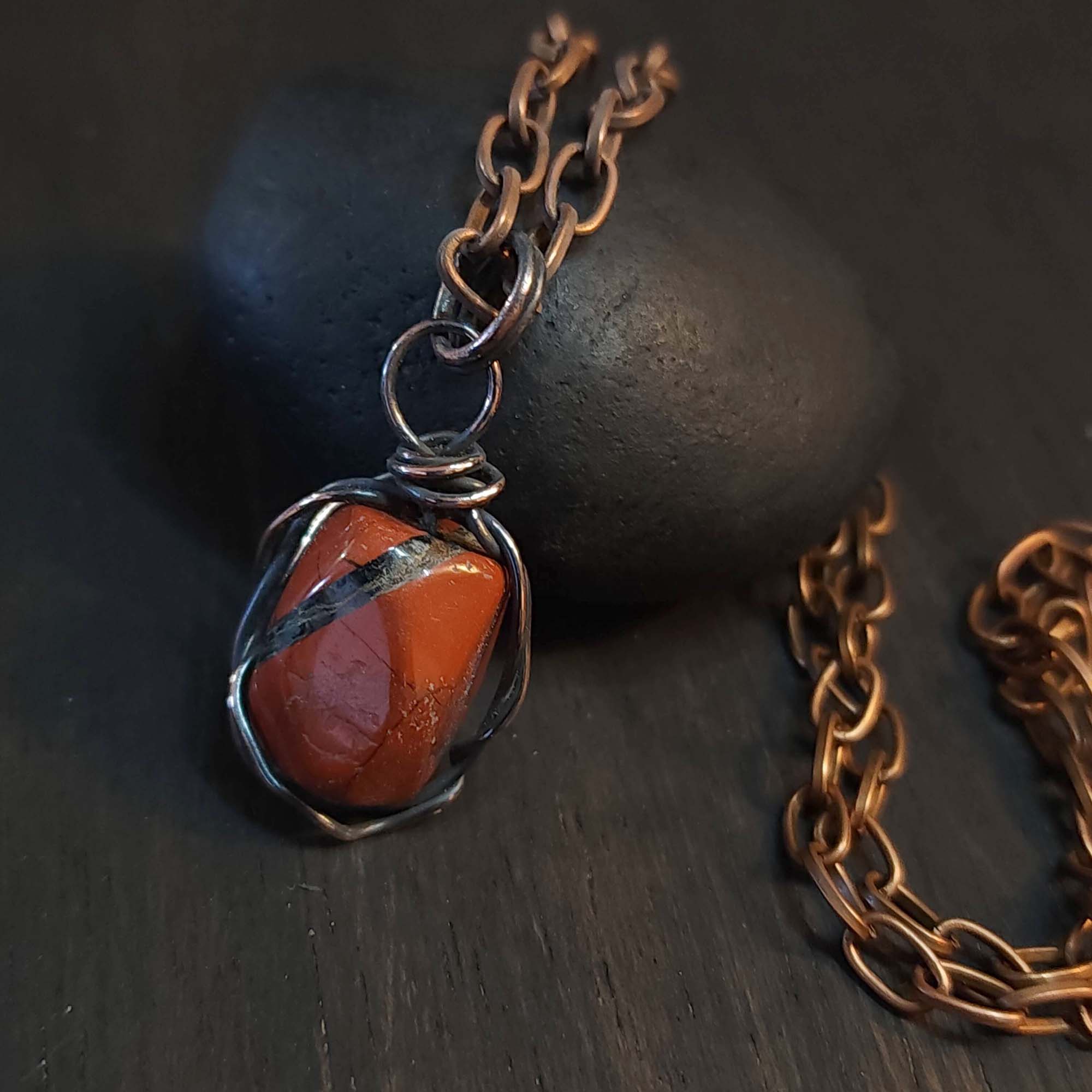 Mens Red Jasper Copper Pendant Necklace