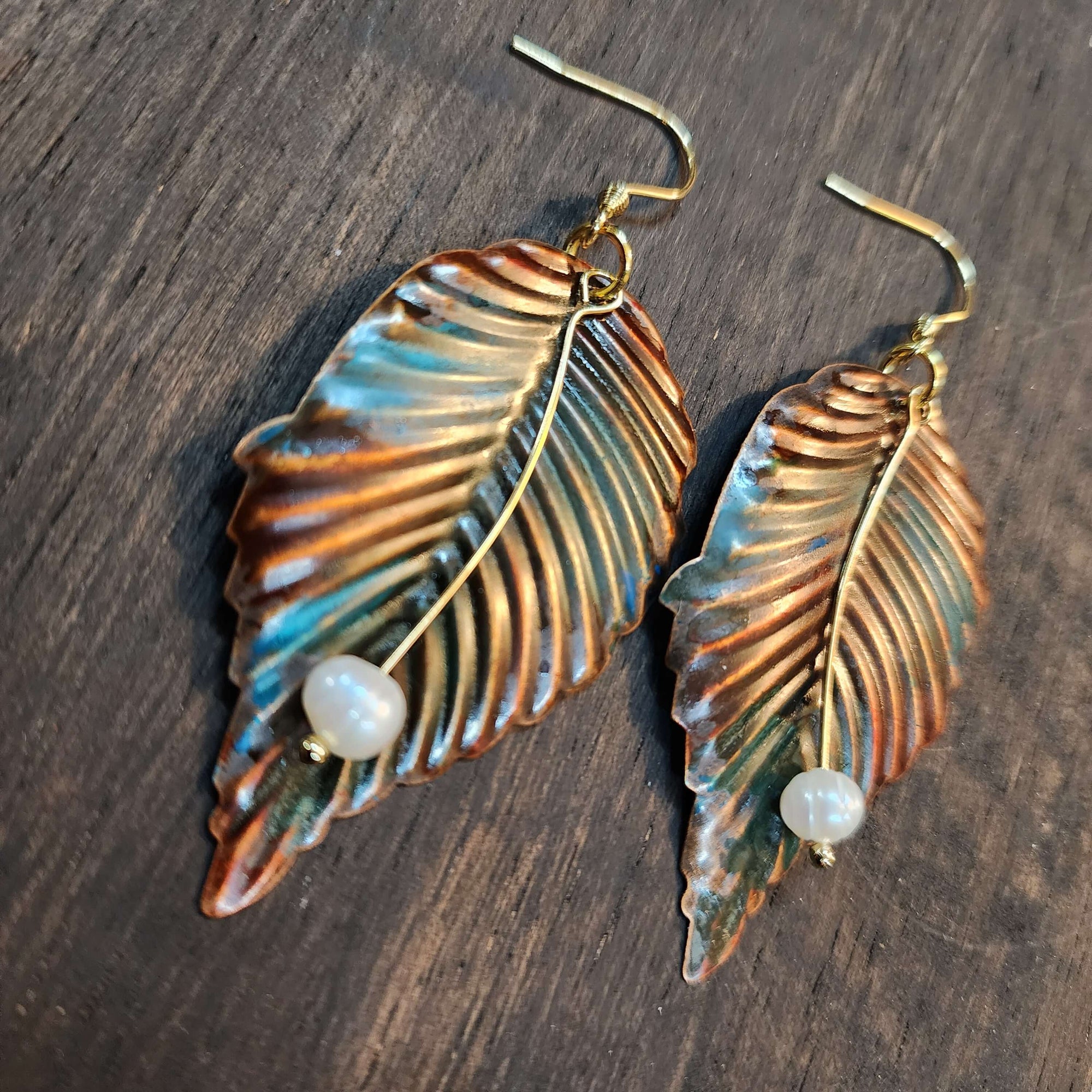 Fall Leaves - Elegant Hand Painted Earrings with Pearls