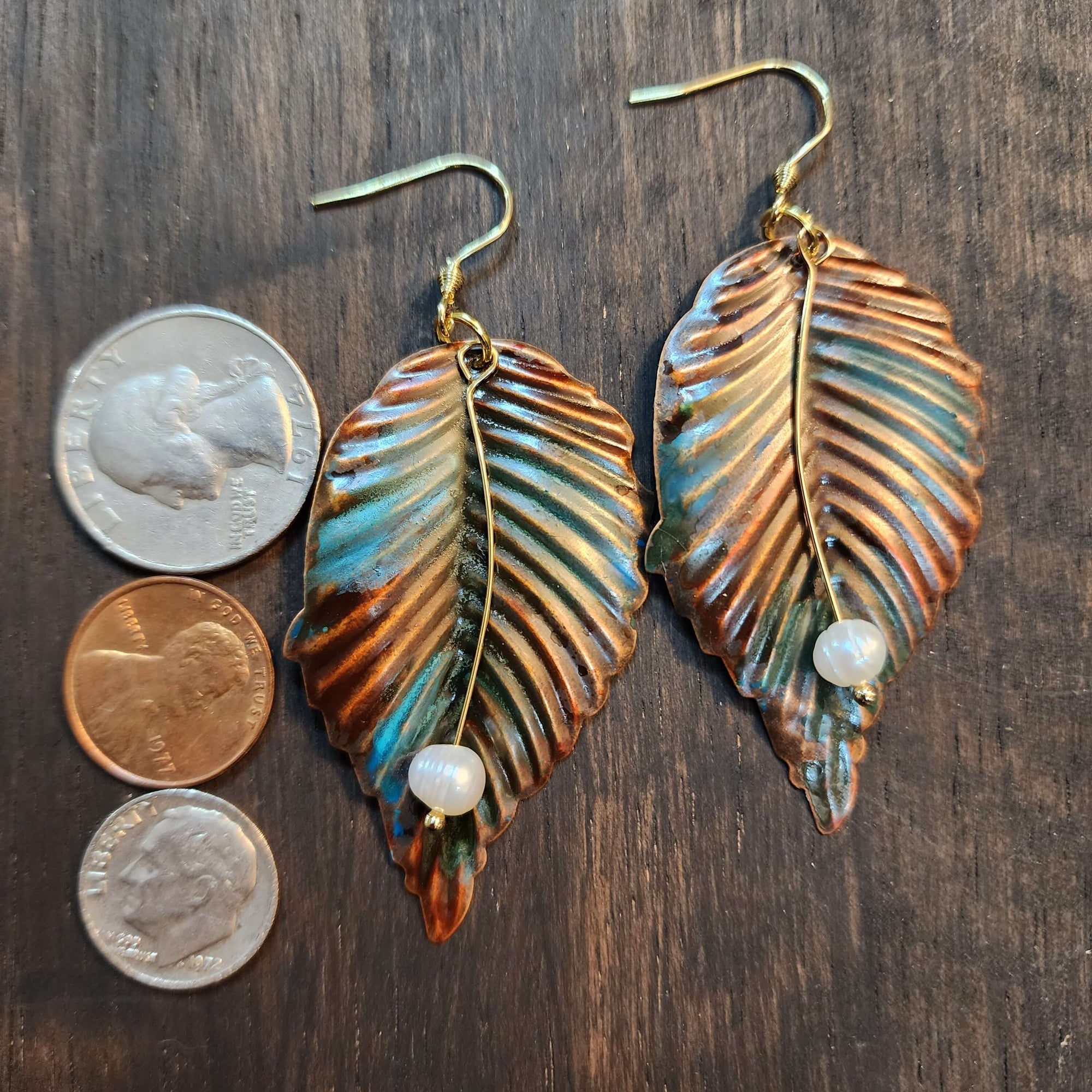 Fall Leaves - Elegant Hand Painted Earrings with Pearls