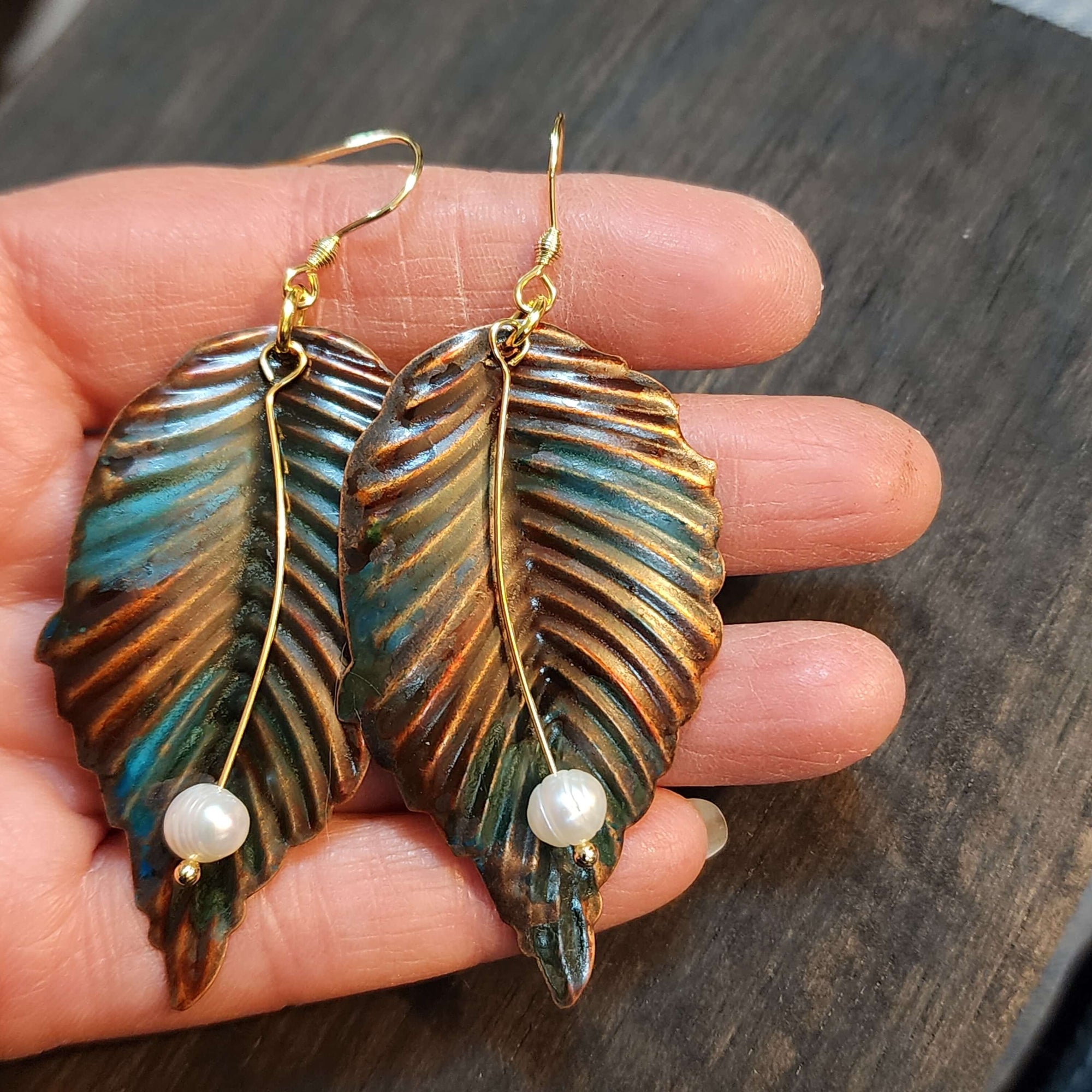 Fall Leaves - Elegant Hand Painted Earrings with Pearls