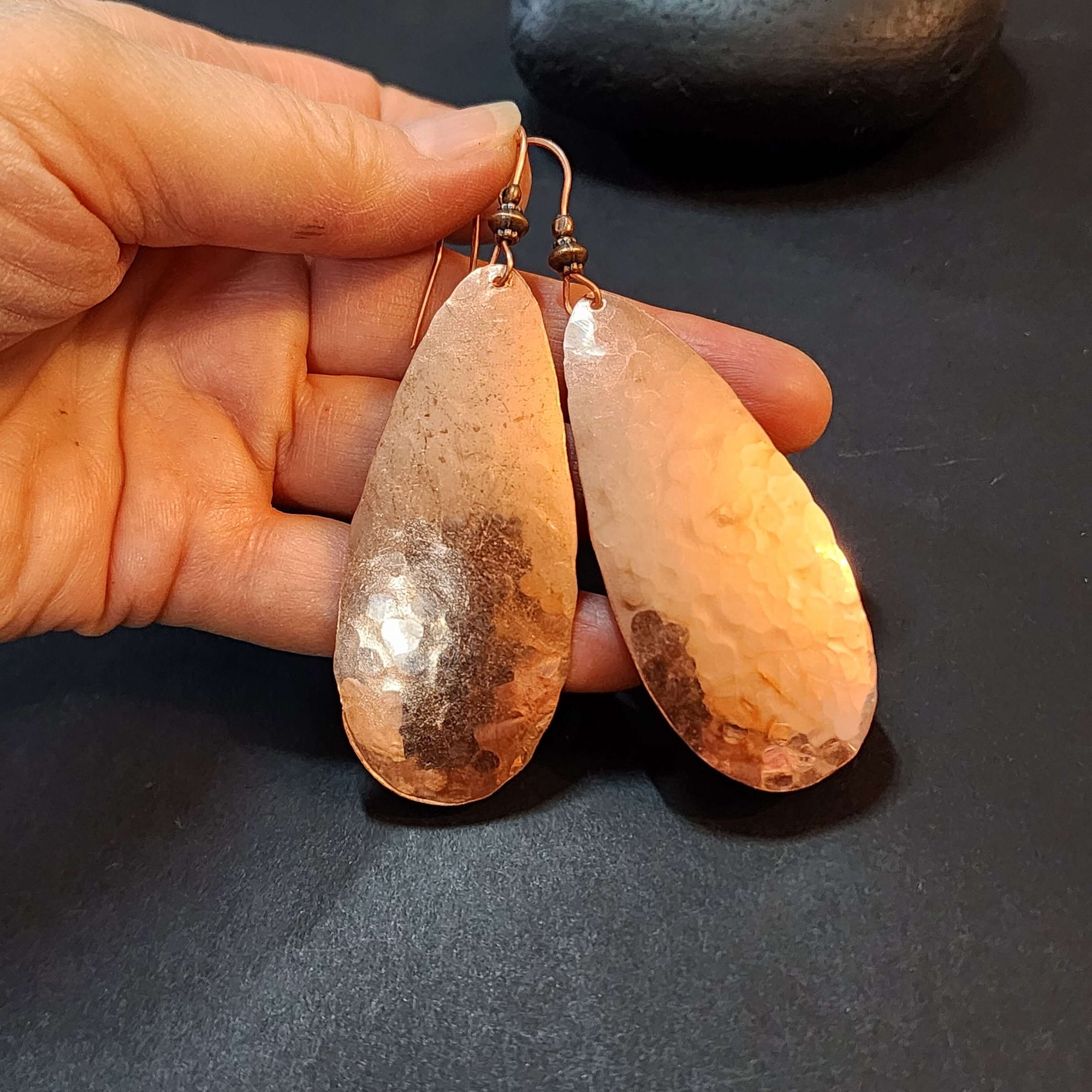 Large 3 Inch Hammered Copper Teardrop Earrings