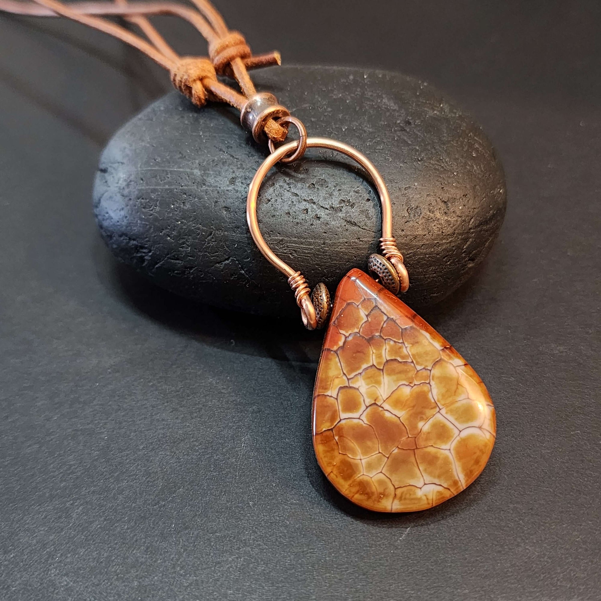 Mens Fire Agate Statement Necklace, Copper Wire Wrapped Pendant