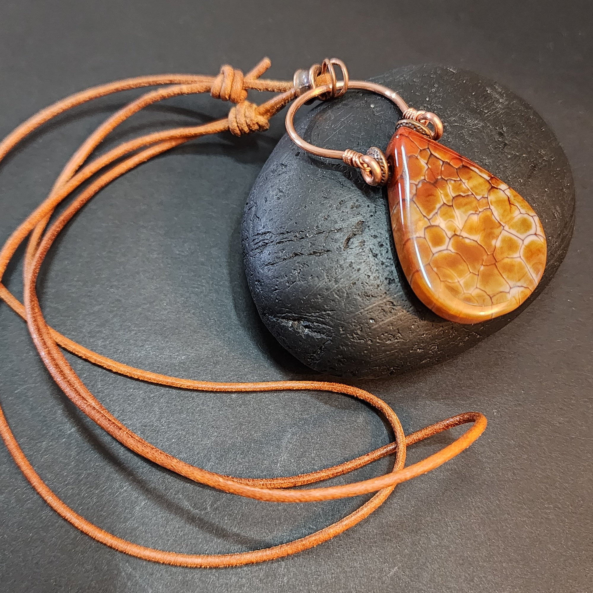 Mens Fire Agate Statement Necklace, Copper Wire Wrapped Pendant