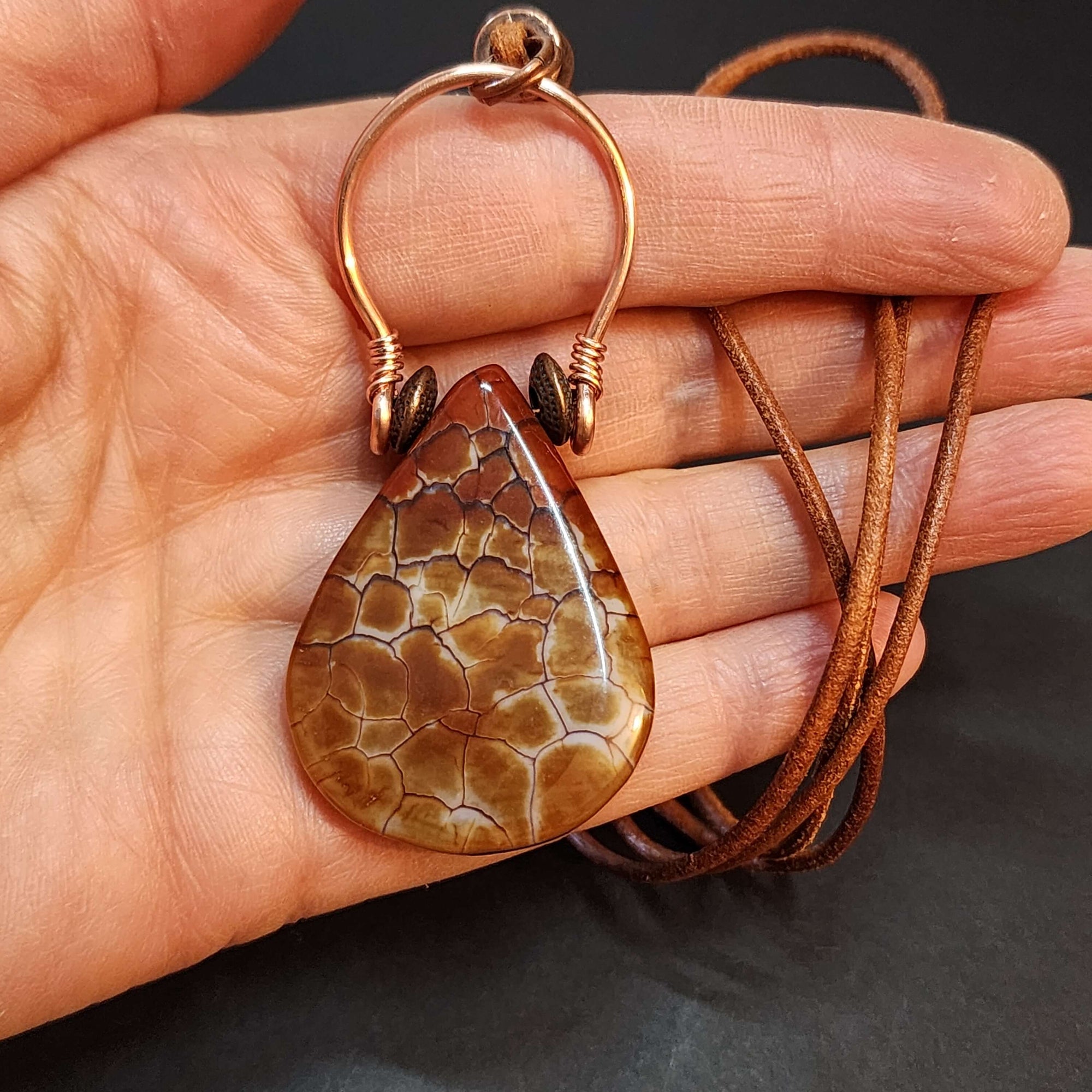 Mens Fire Agate Statement Necklace, Copper Wire Wrapped Pendant
