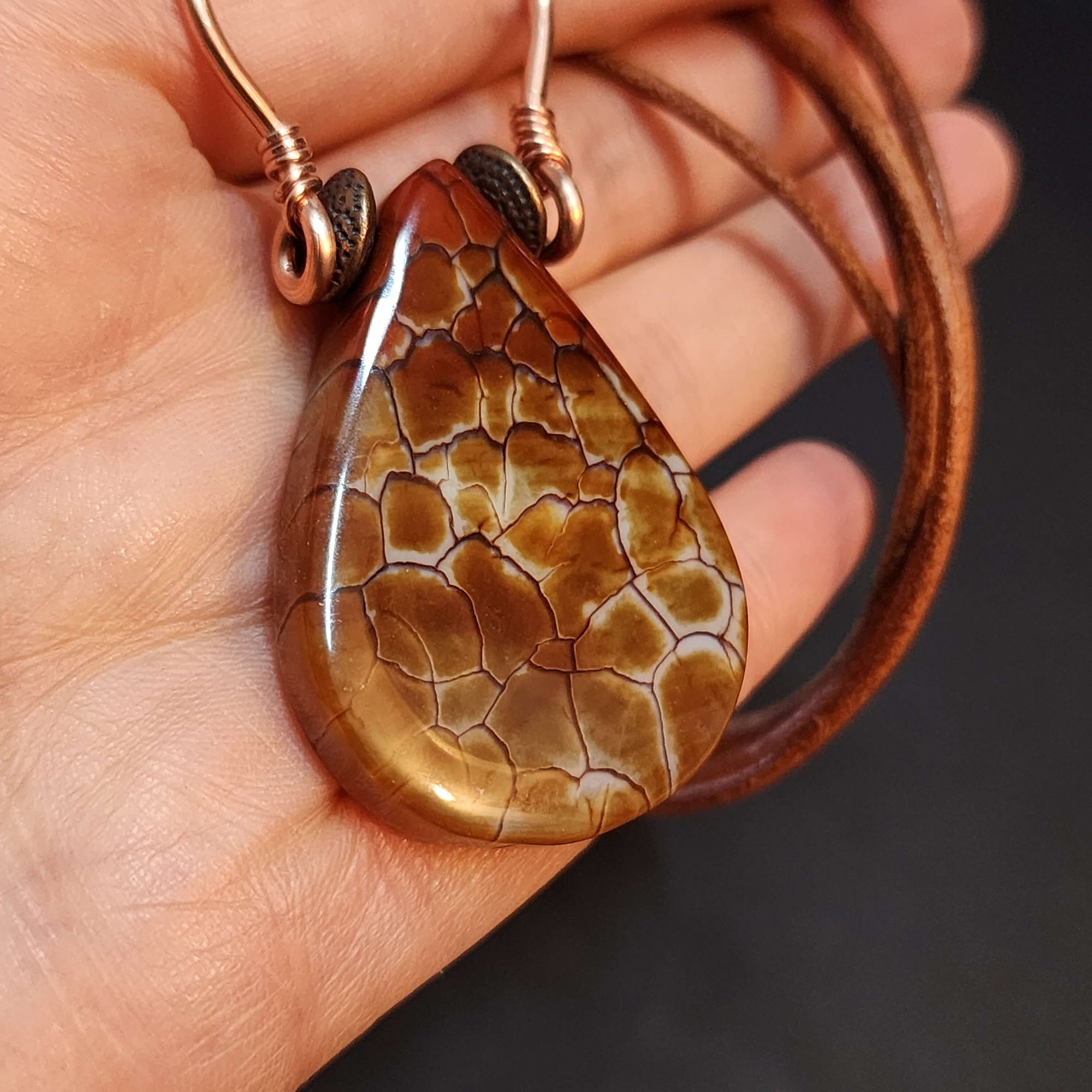Mens Fire Agate Statement Necklace, Copper Wire Wrapped Pendant