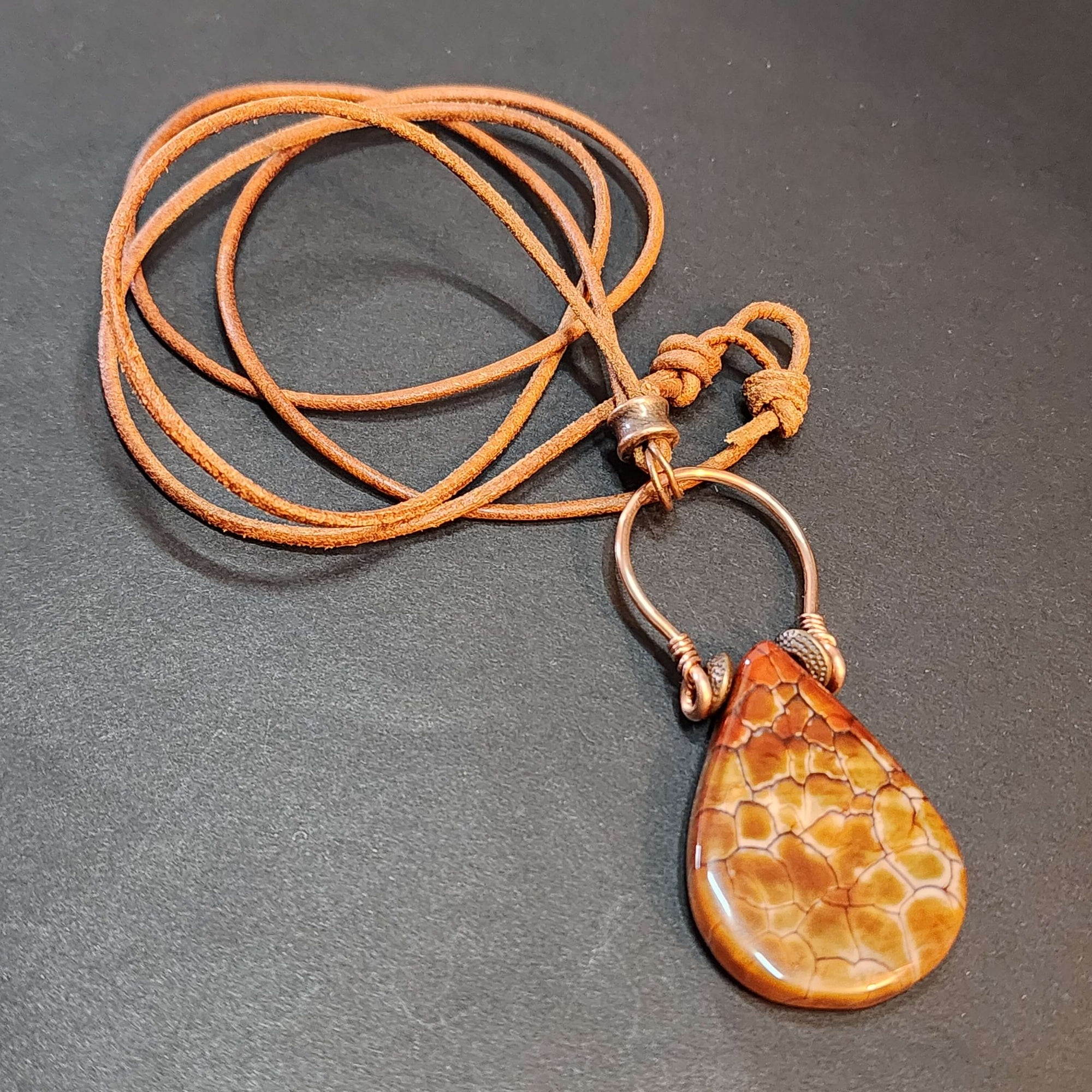 Mens Fire Agate Statement Necklace, Copper Wire Wrapped Pendant