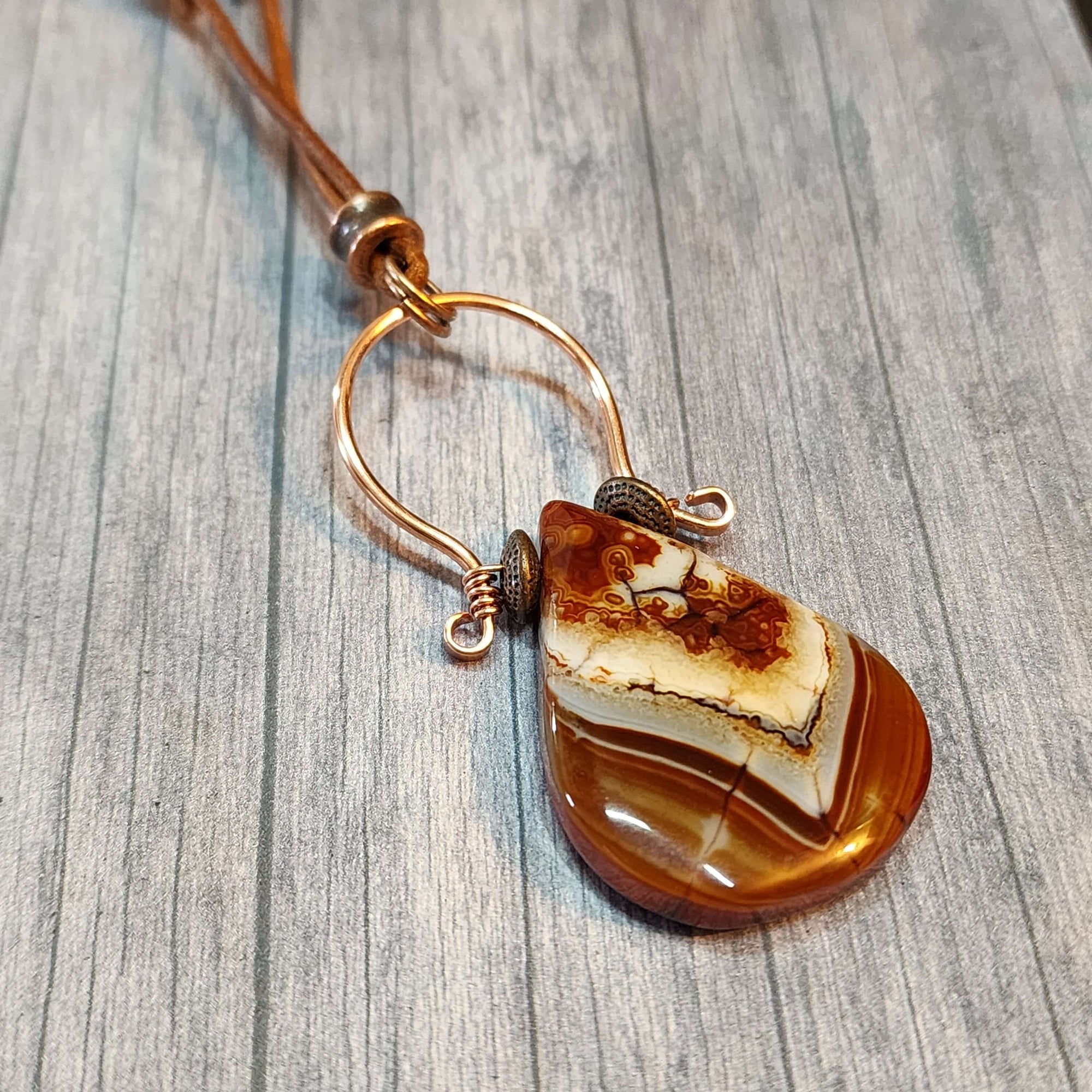 Mens Fire Agate Statement Necklace, Copper Wire Wrapped Pendant