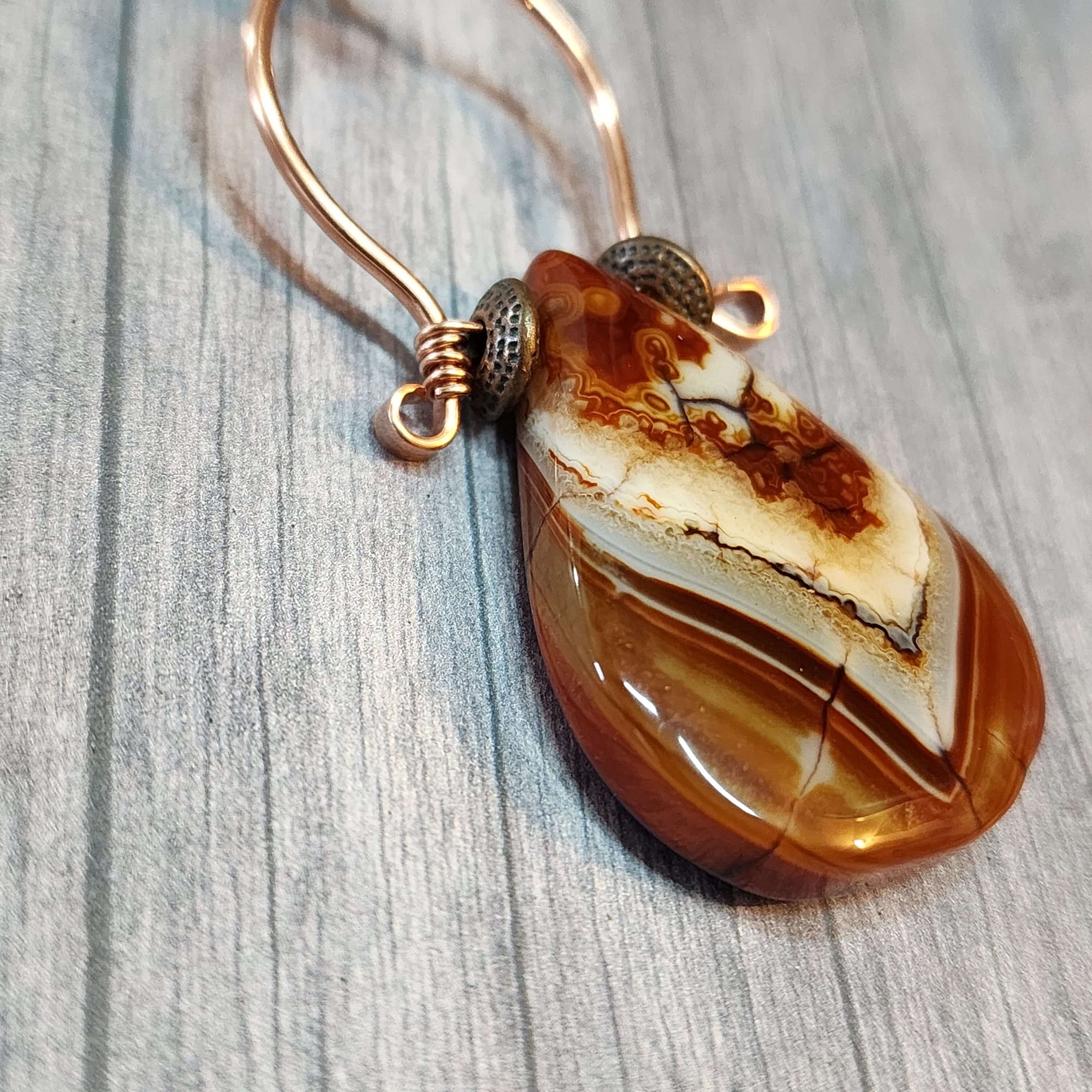 Mens Fire Agate Statement Necklace, Copper Wire Wrapped Pendant