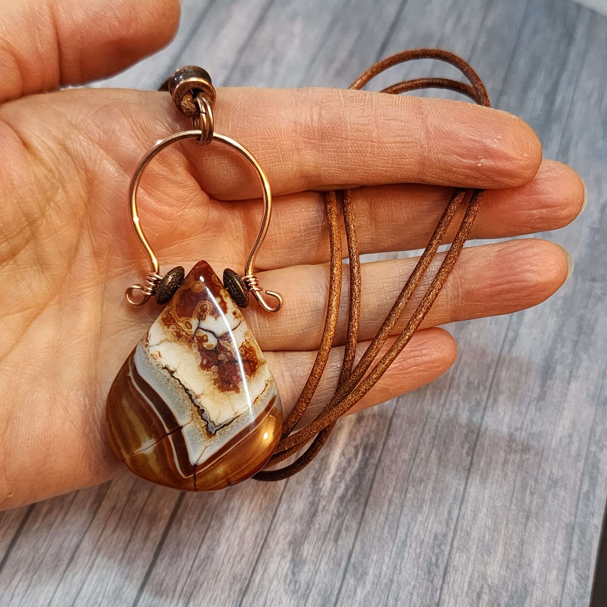 Mens Fire Agate Statement Necklace, Copper Wire Wrapped Pendant