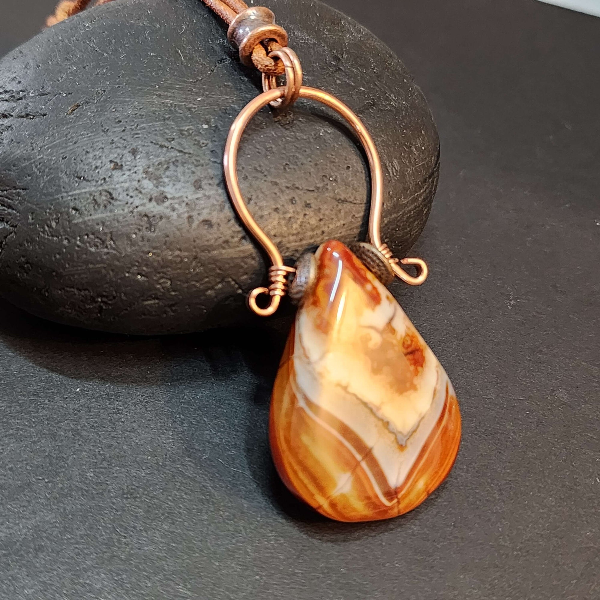 Mens Fire Agate Statement Necklace, Copper Wire Wrapped Pendant