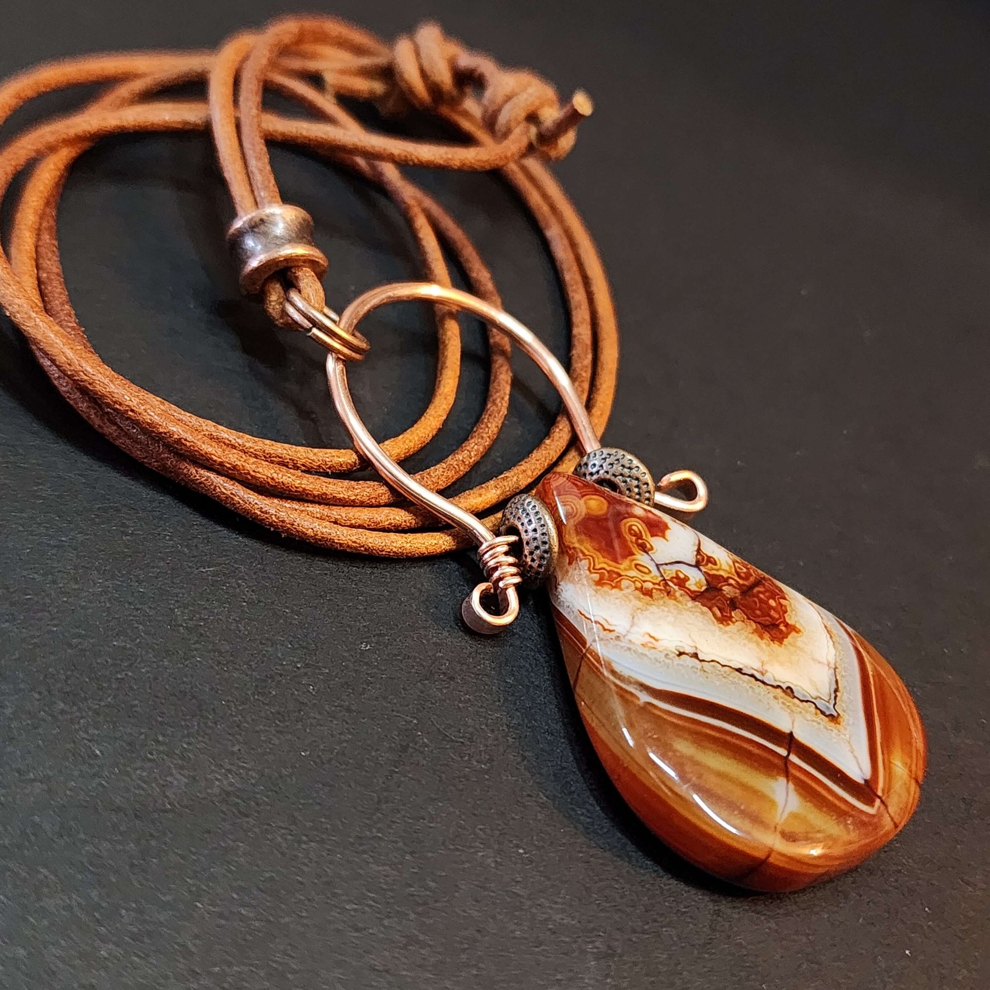 Mens Fire Agate Statement Necklace, Copper Wire Wrapped Pendant