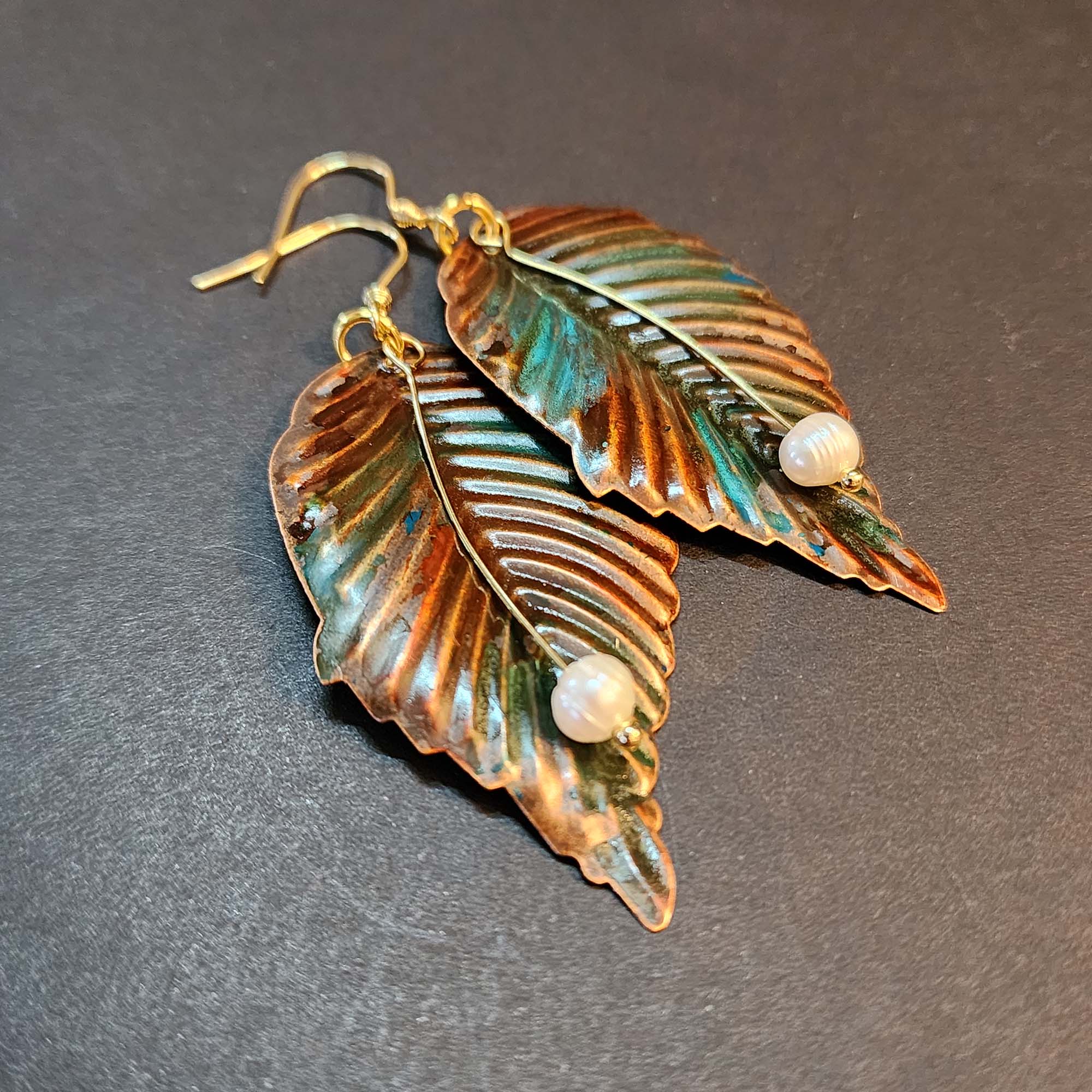 Fall Leaves - Elegant Hand Painted Earrings with Pearls