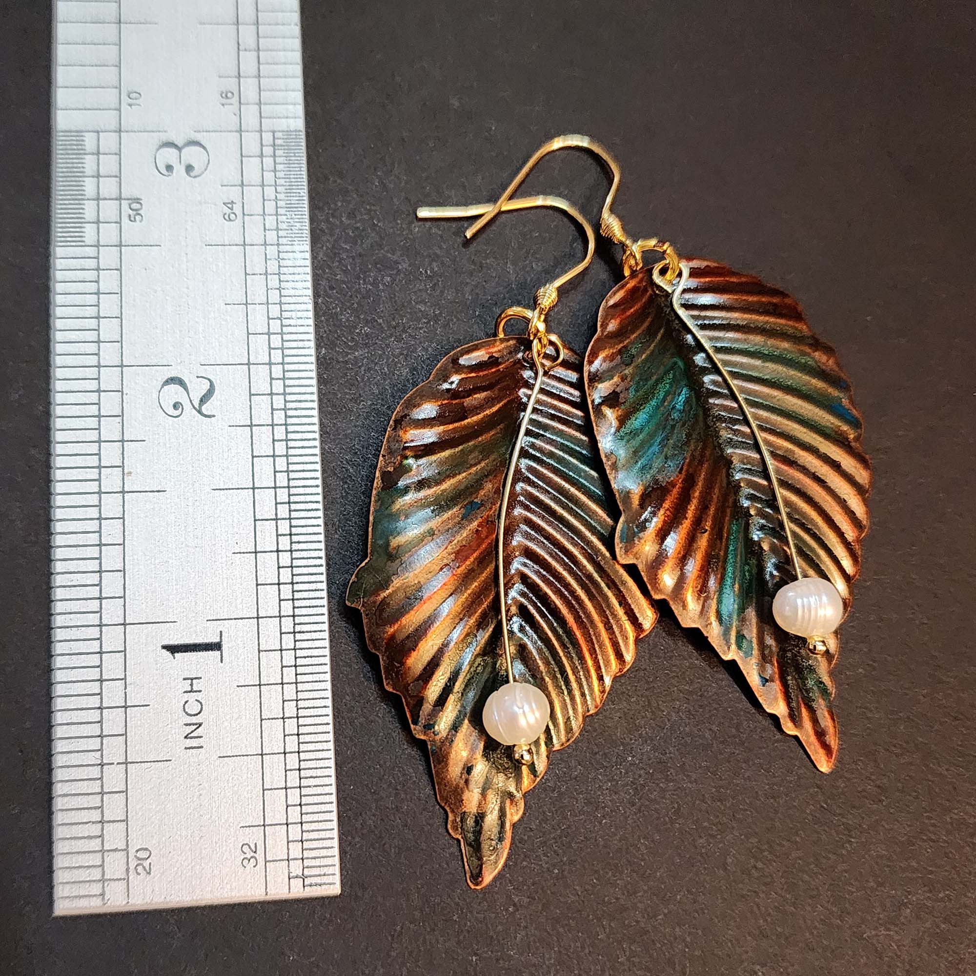 Fall Leaves - Elegant Hand Painted Earrings with Pearls