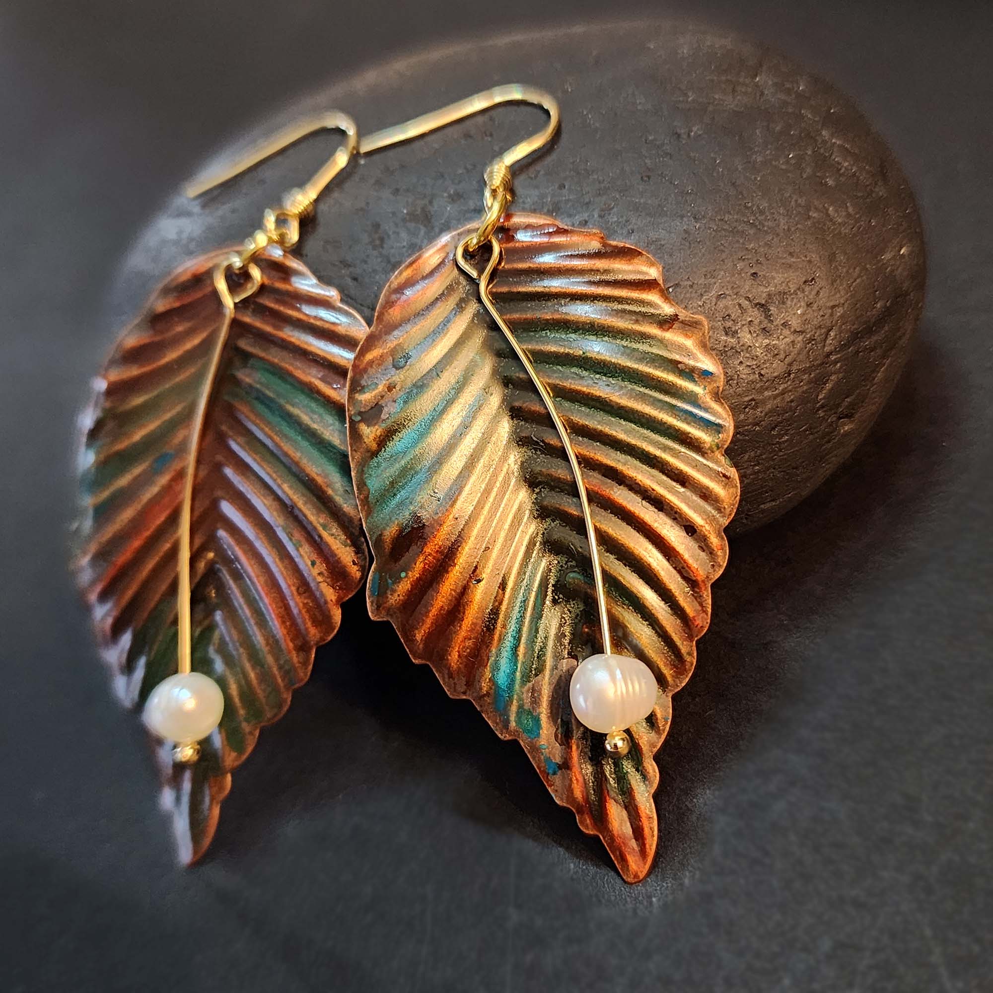 Fall Leaves - Elegant Hand Painted Earrings with Pearls