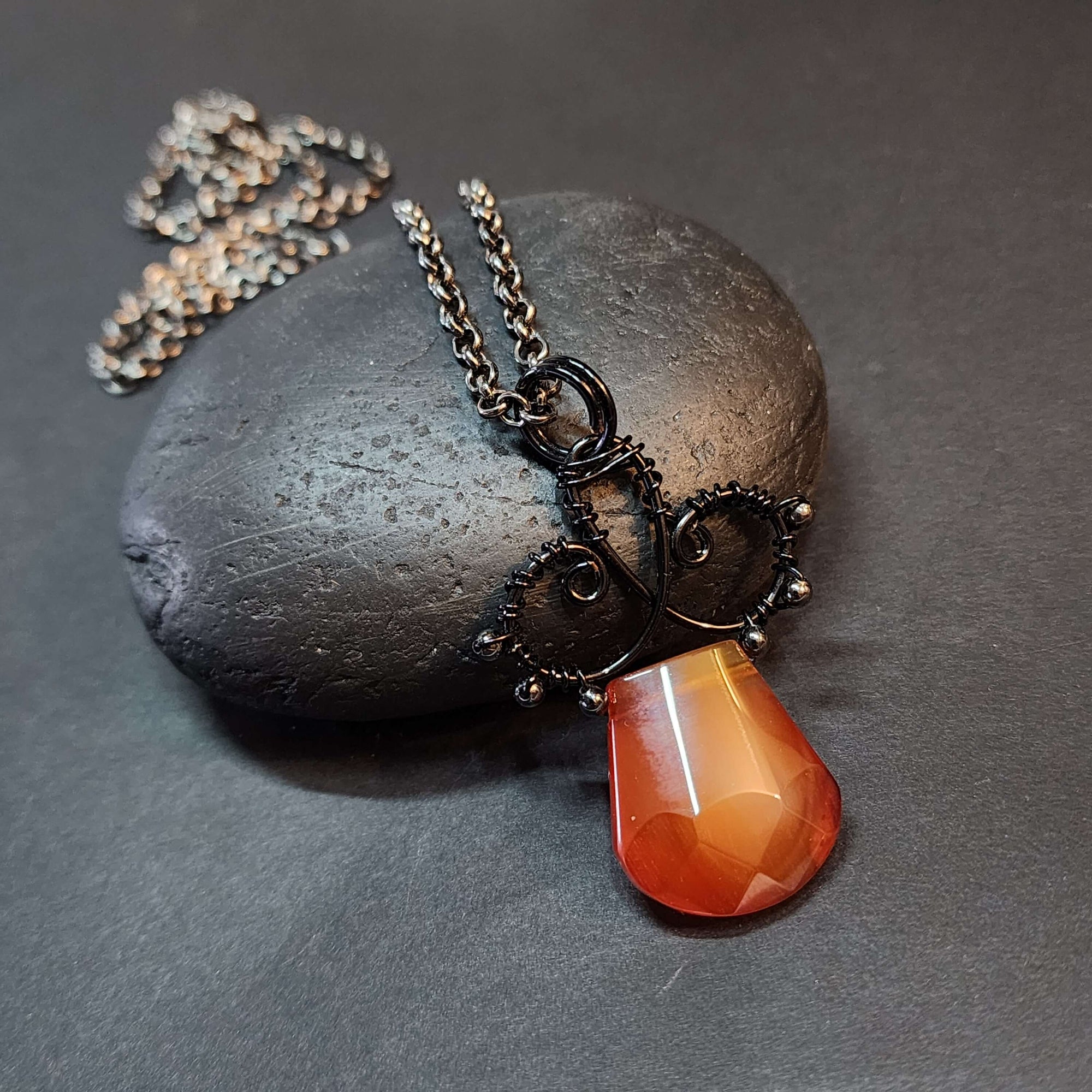 Carnelian Statement Necklace, Black Copper Wire Wrapped Pendant
