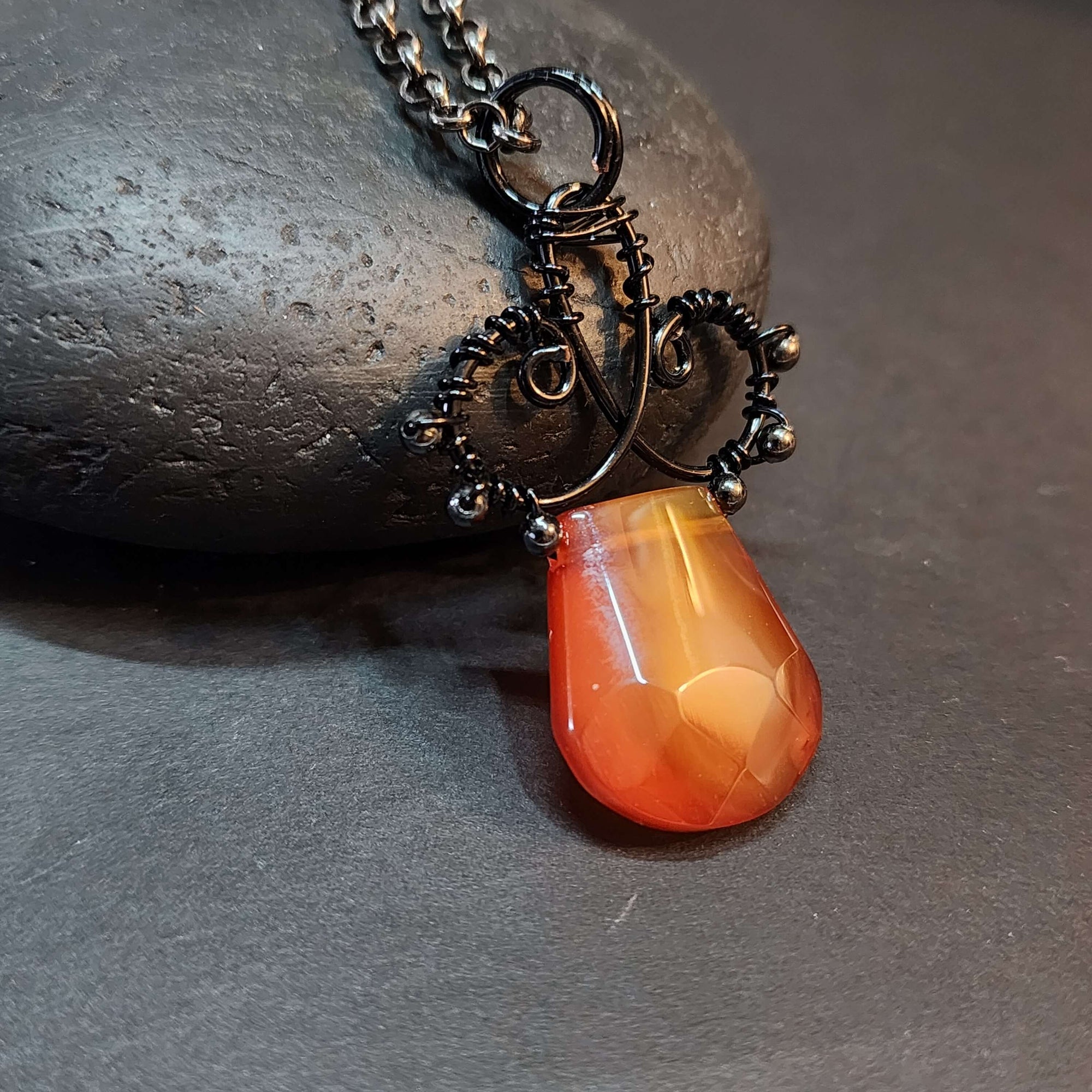Carnelian Statement Necklace, Black Copper Wire Wrapped Pendant