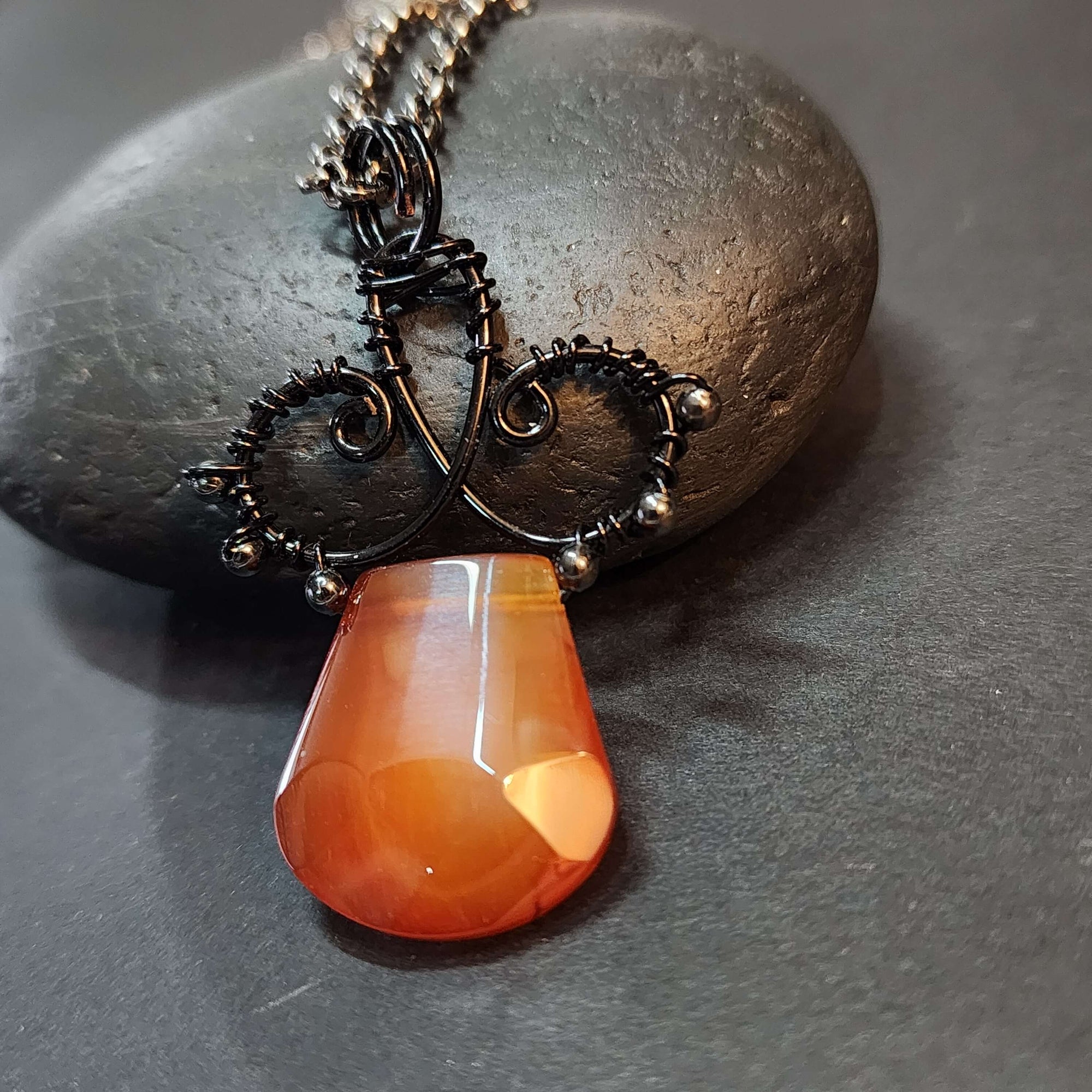 Carnelian Statement Necklace, Black Copper Wire Wrapped Pendant