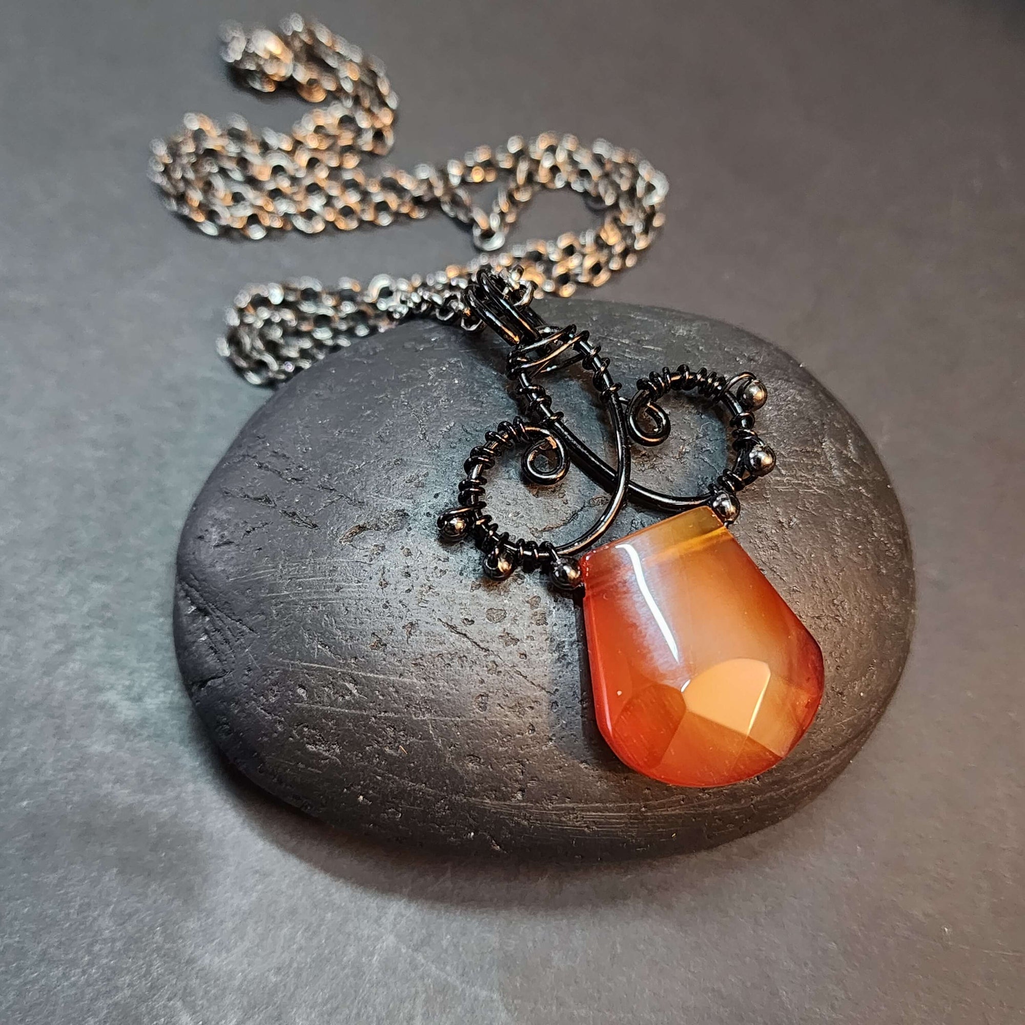 Carnelian Statement Necklace, Black Copper Wire Wrapped Pendant