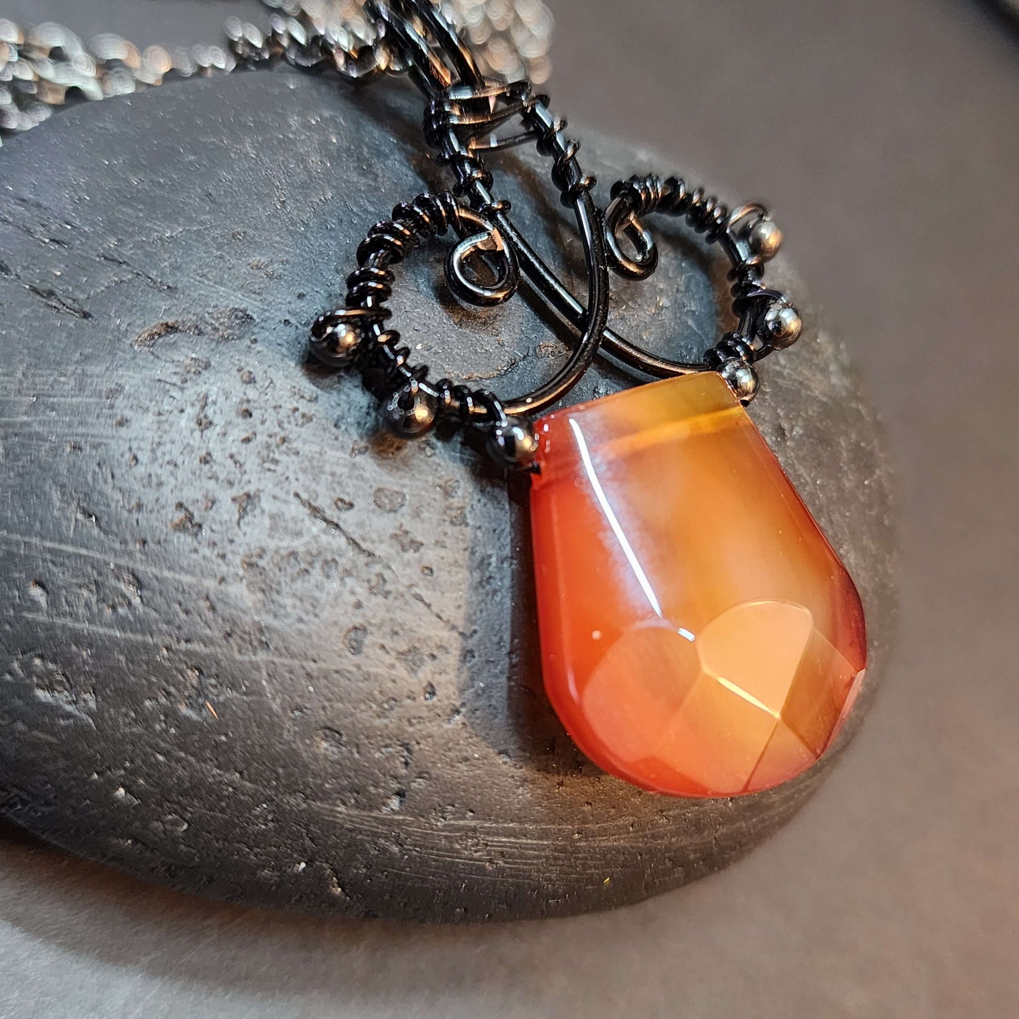 Carnelian Statement Necklace, Black Copper Wire Wrapped Pendant