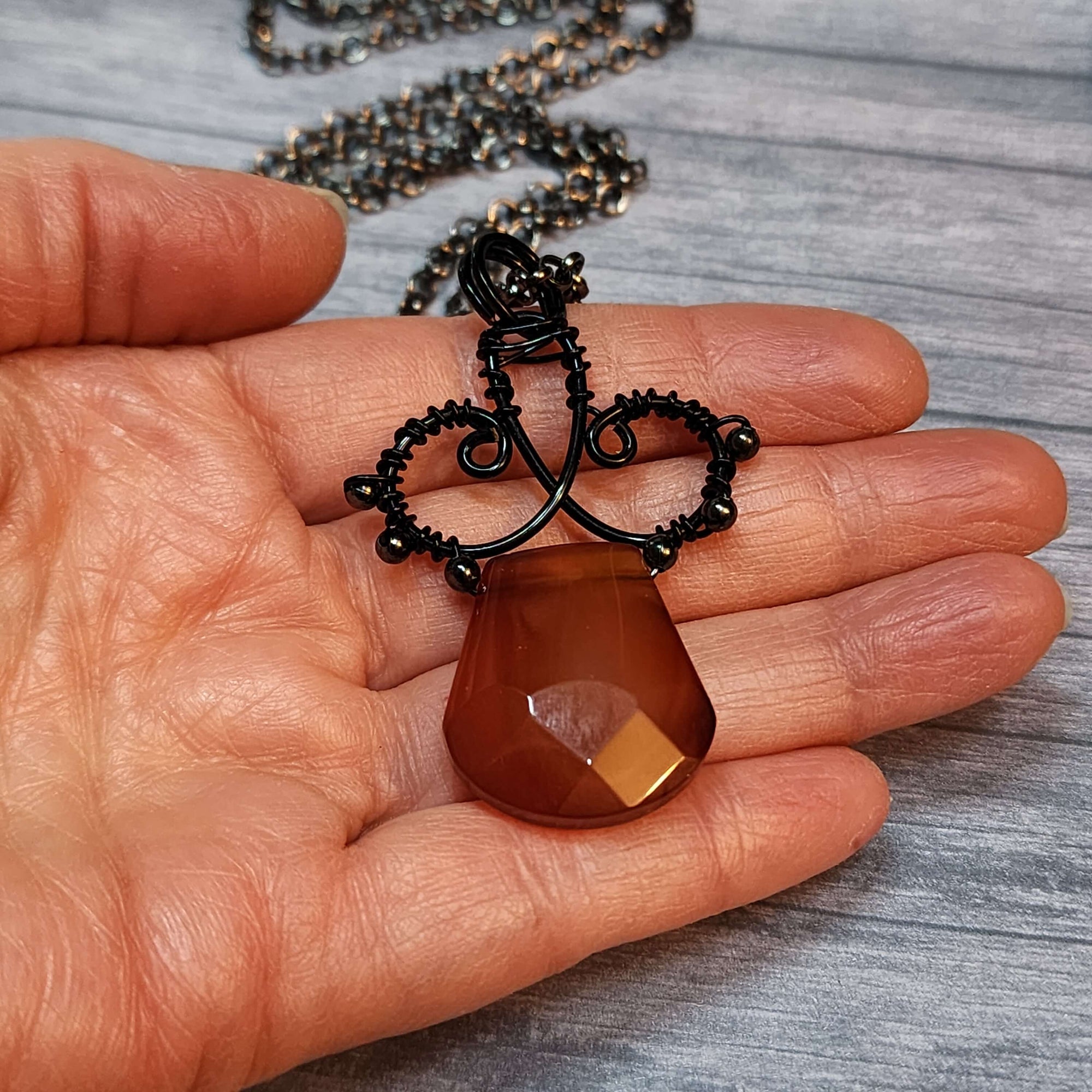 Carnelian Statement Necklace, Black Copper Wire Wrapped Pendant