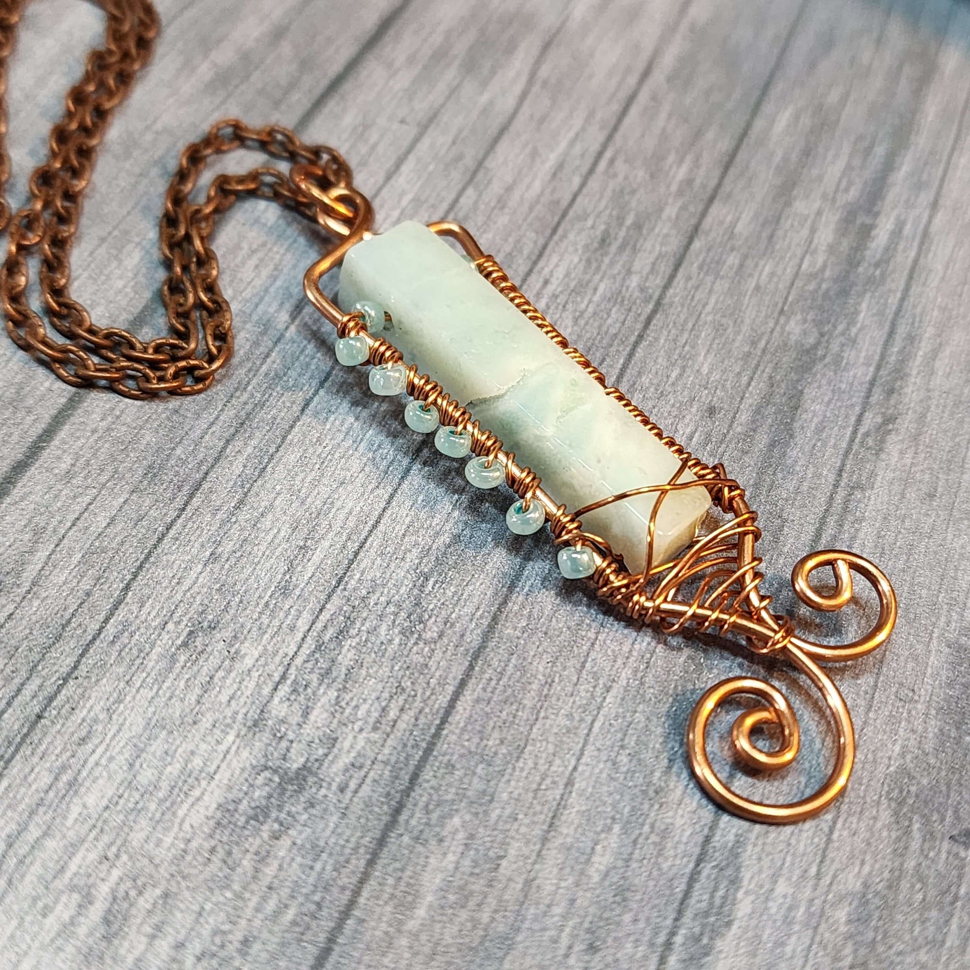 Handmade Amazonite Copper Wire Wrapped Pendant Necklace WW1237