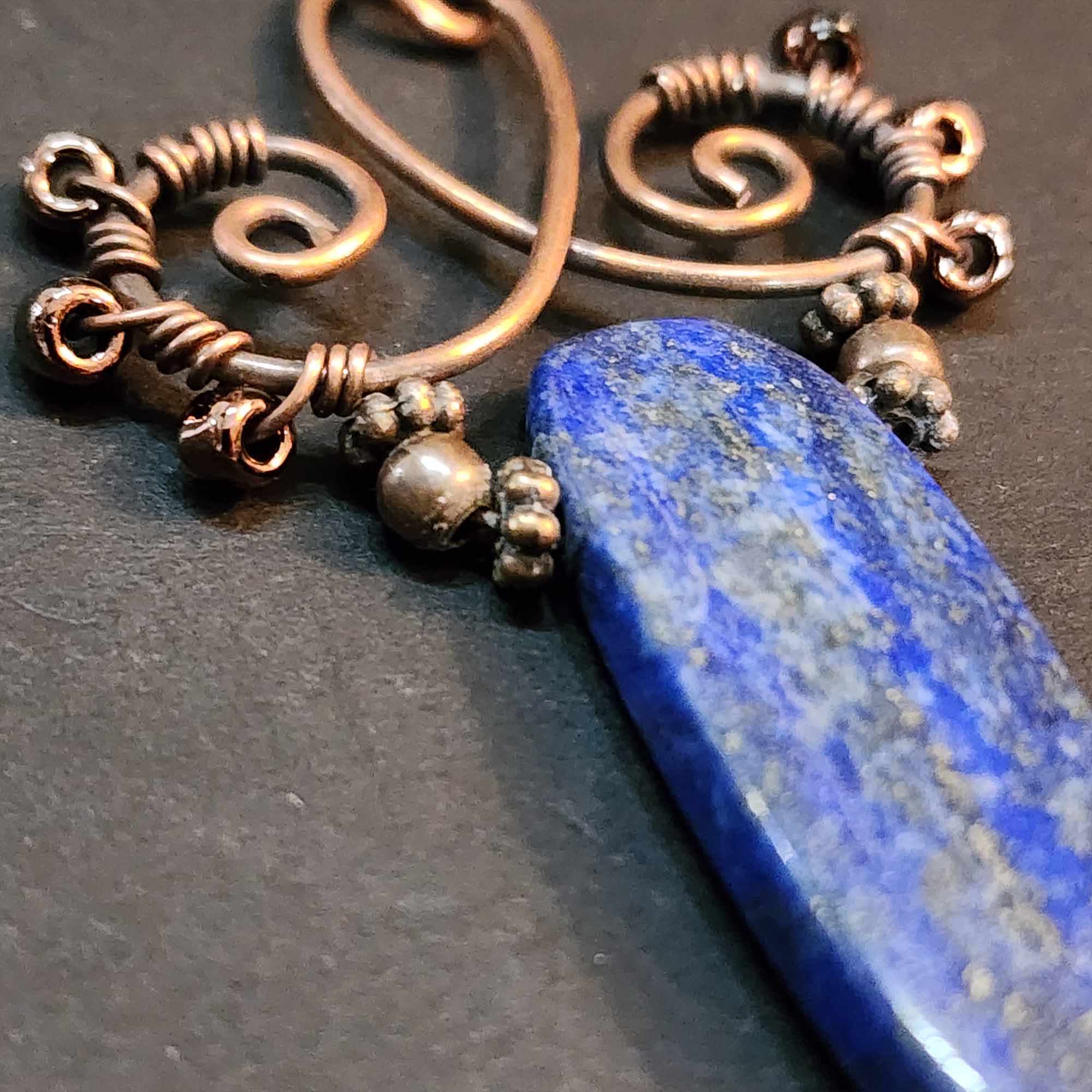 Blue Lapis Lazuli Statement Necklace, Copper Wire Wrapped Pendant