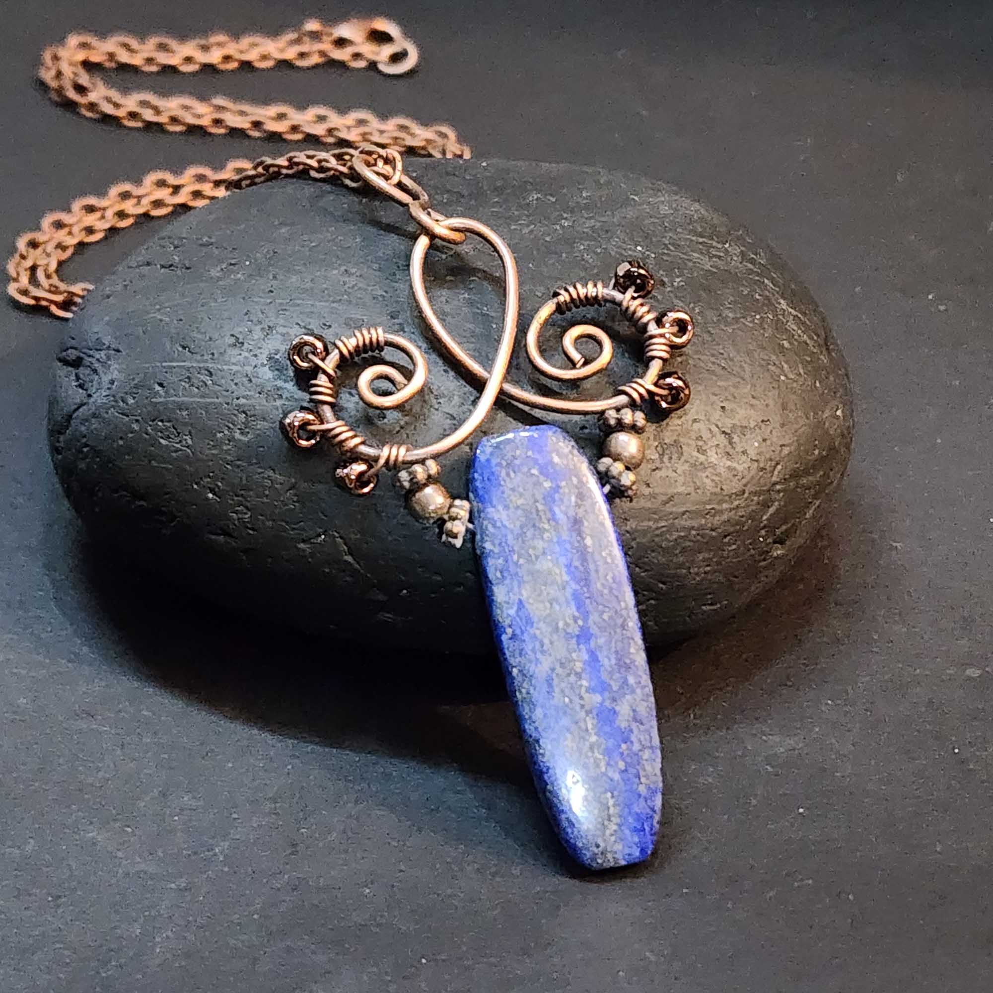 Blue Lapis Lazuli Statement Necklace, Copper Wire Wrapped Pendant