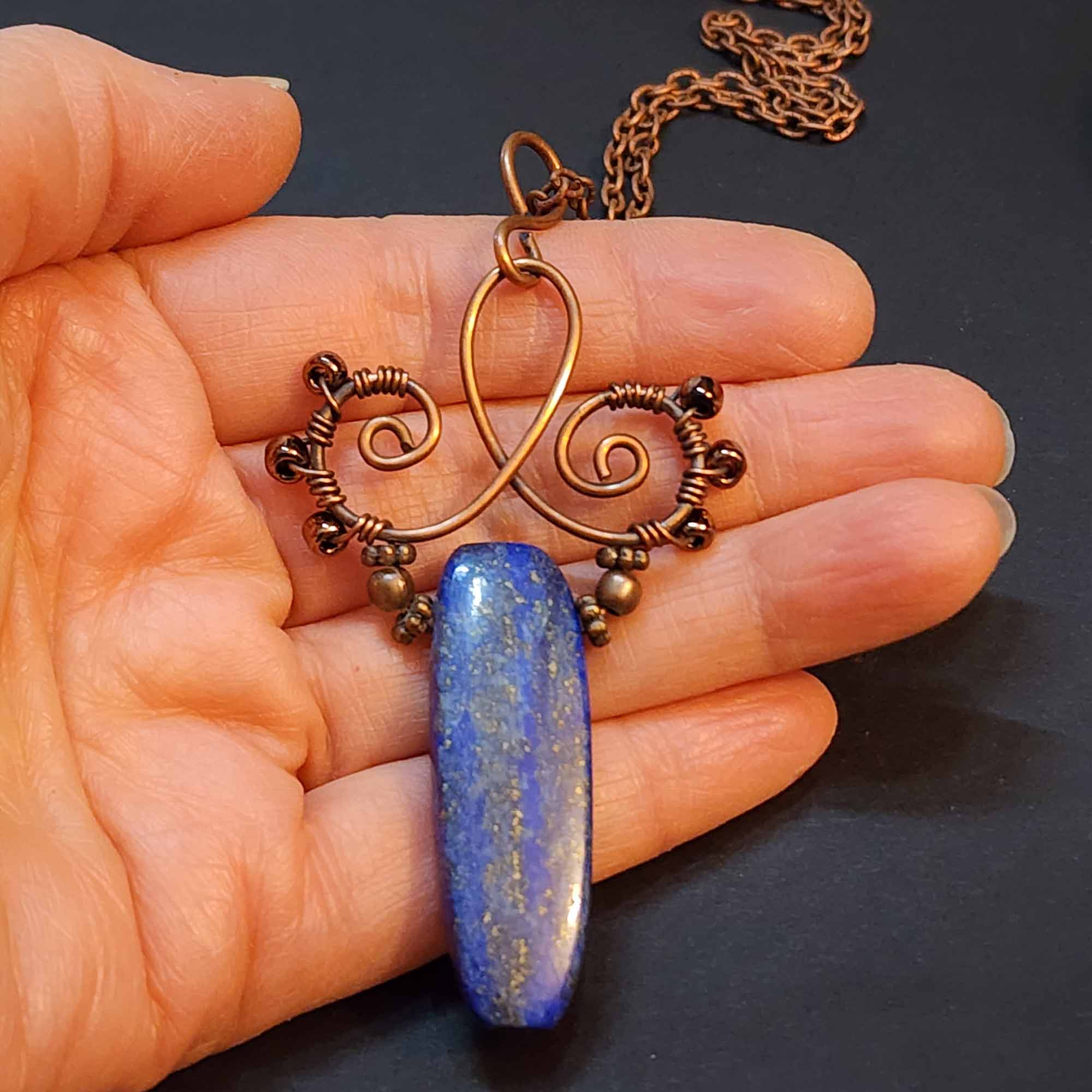 Blue Lapis Lazuli Statement Necklace, Copper Wire Wrapped Pendant