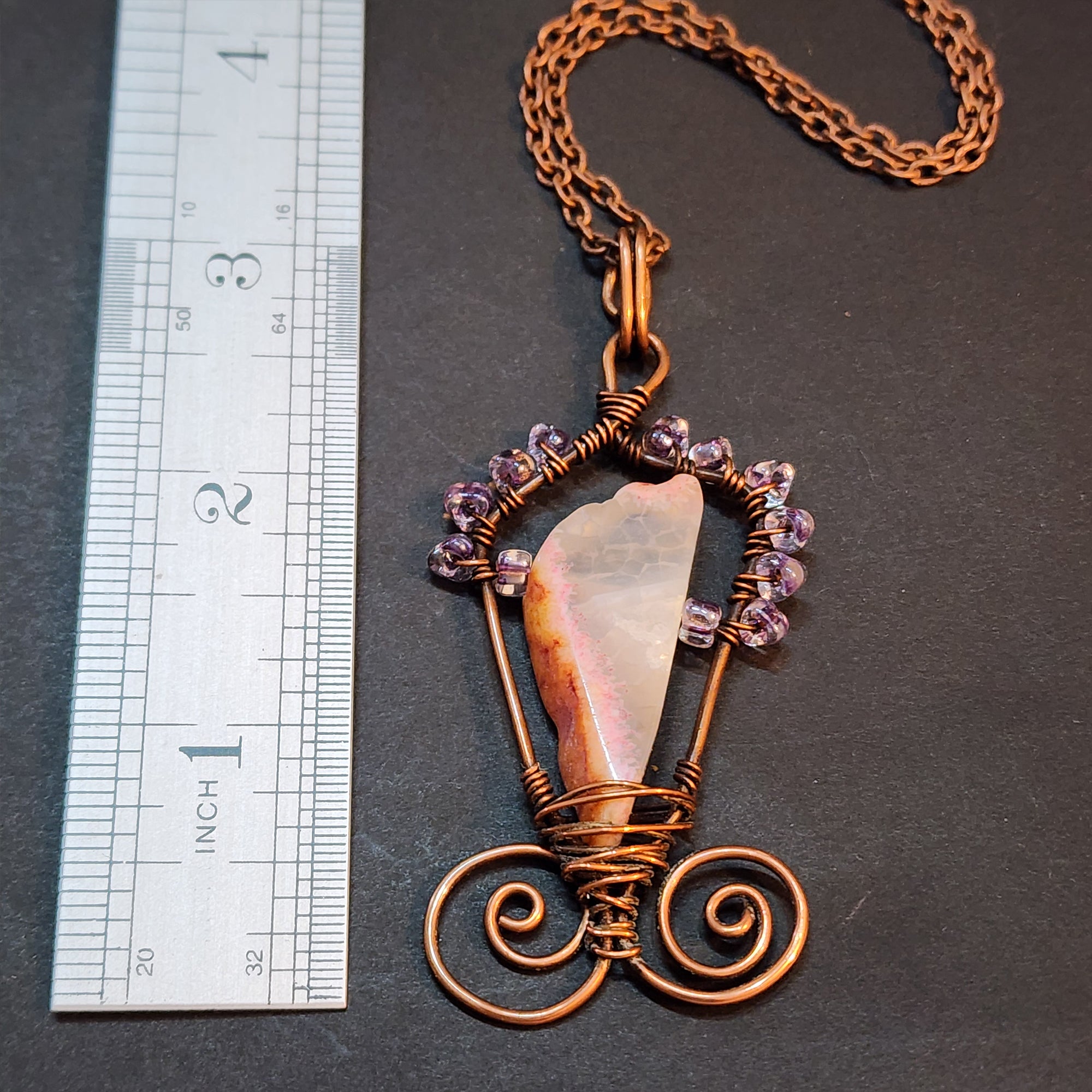 Pink Agate Statement Necklace, Copper Wire Wrapped Pendant