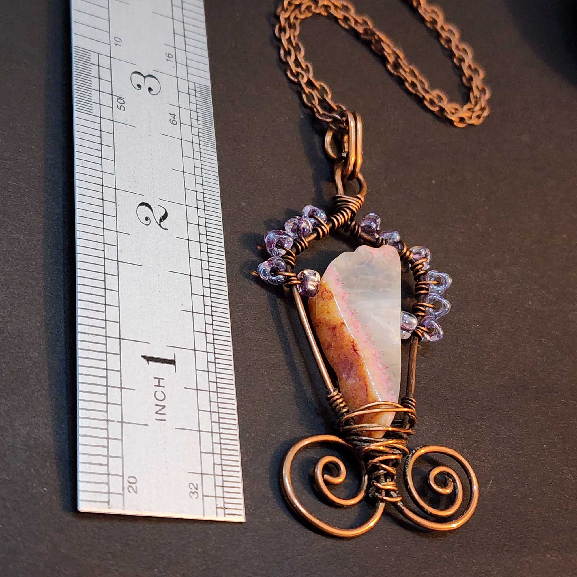 Pink Agate Statement Necklace, Copper Wire Wrapped Pendant