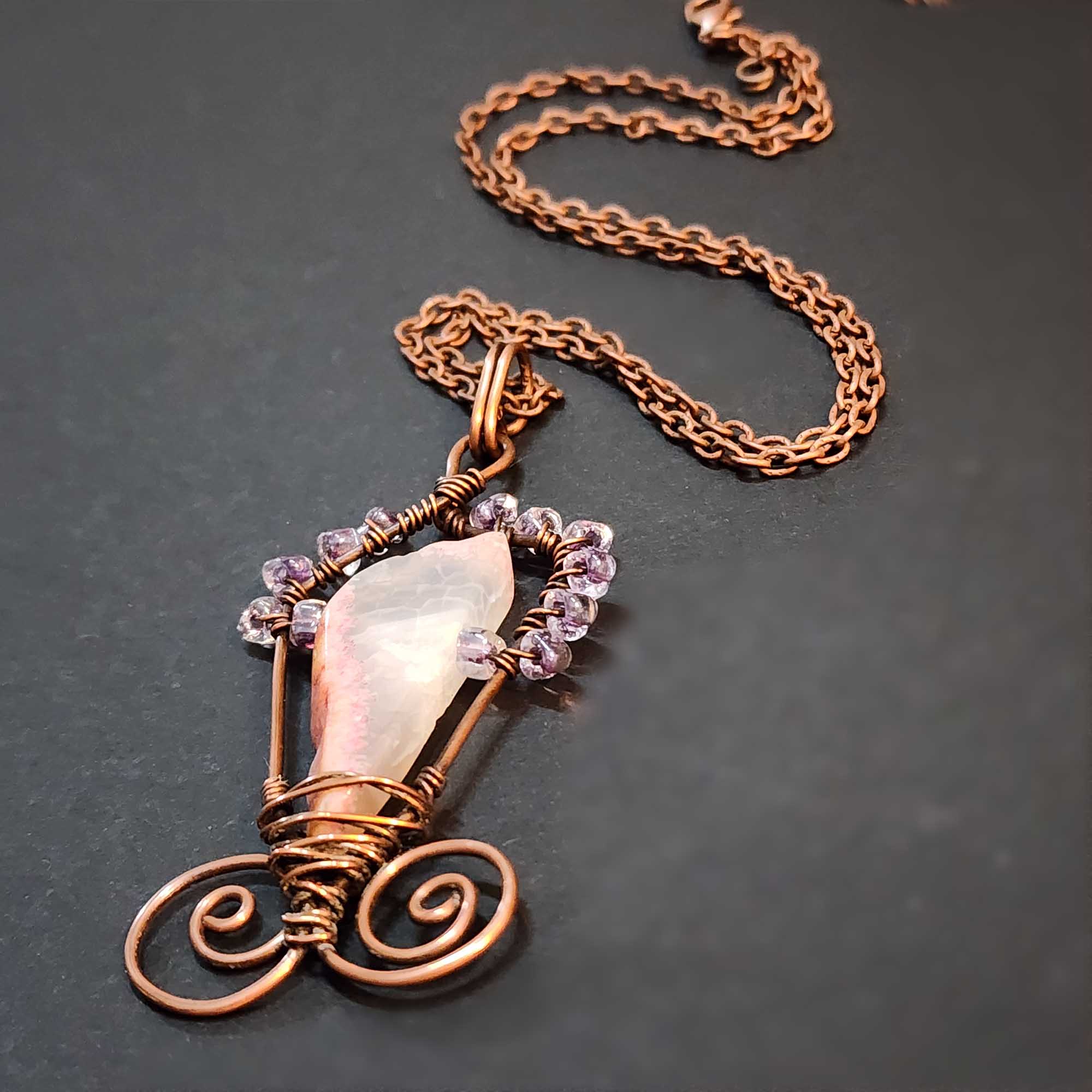 Pink Agate Statement Necklace, Copper Wire Wrapped Pendant