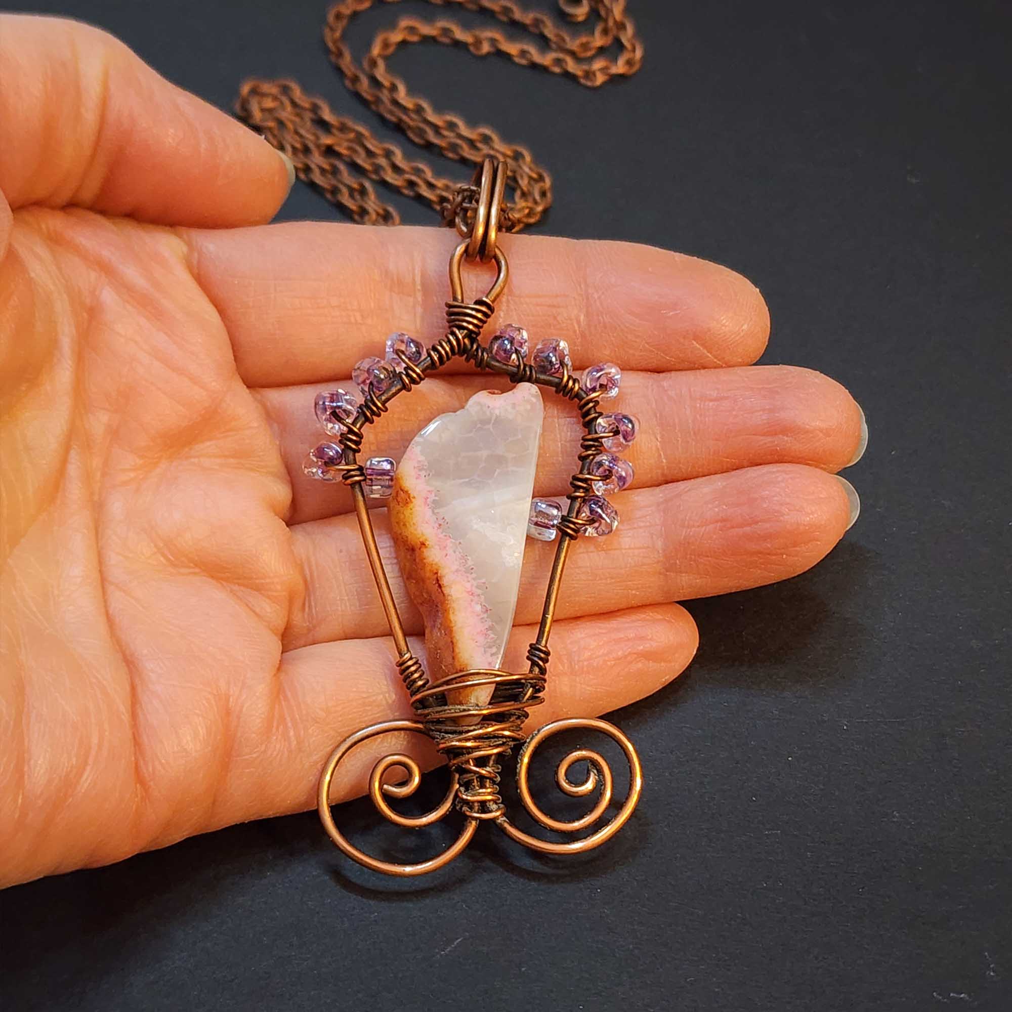 Pink Agate Statement Necklace, Copper Wire Wrapped Pendant