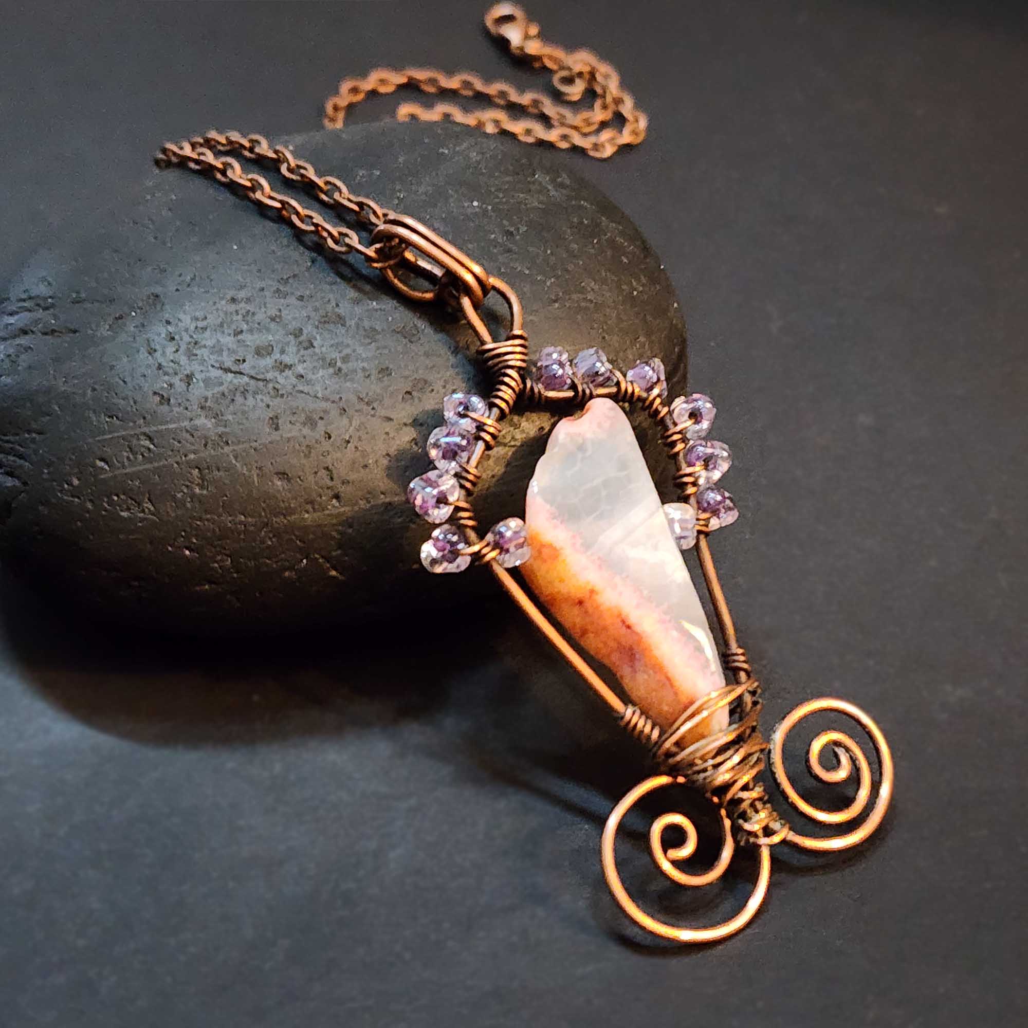 Pink Agate Statement Necklace, Copper Wire Wrapped Pendant