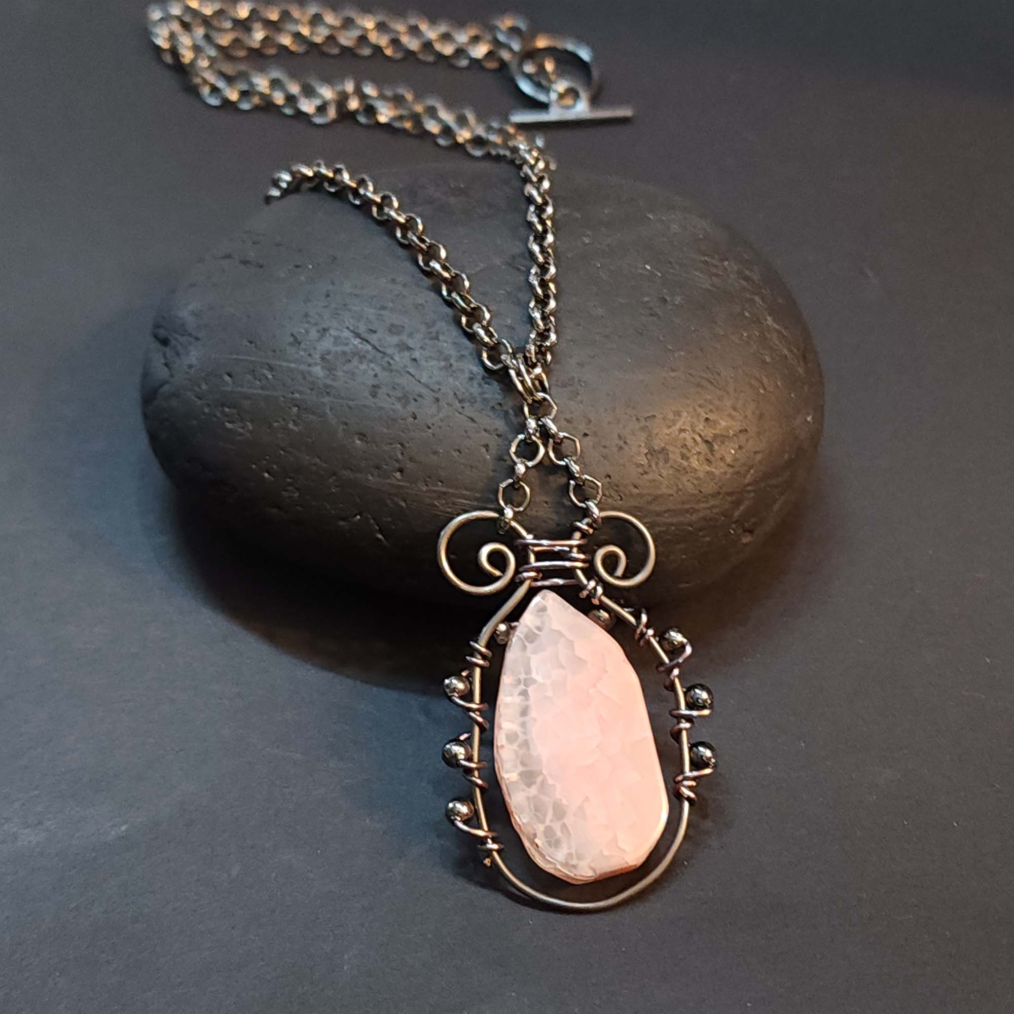 Pink Agate Statement Necklace, Black Wire Wrapped Pendant