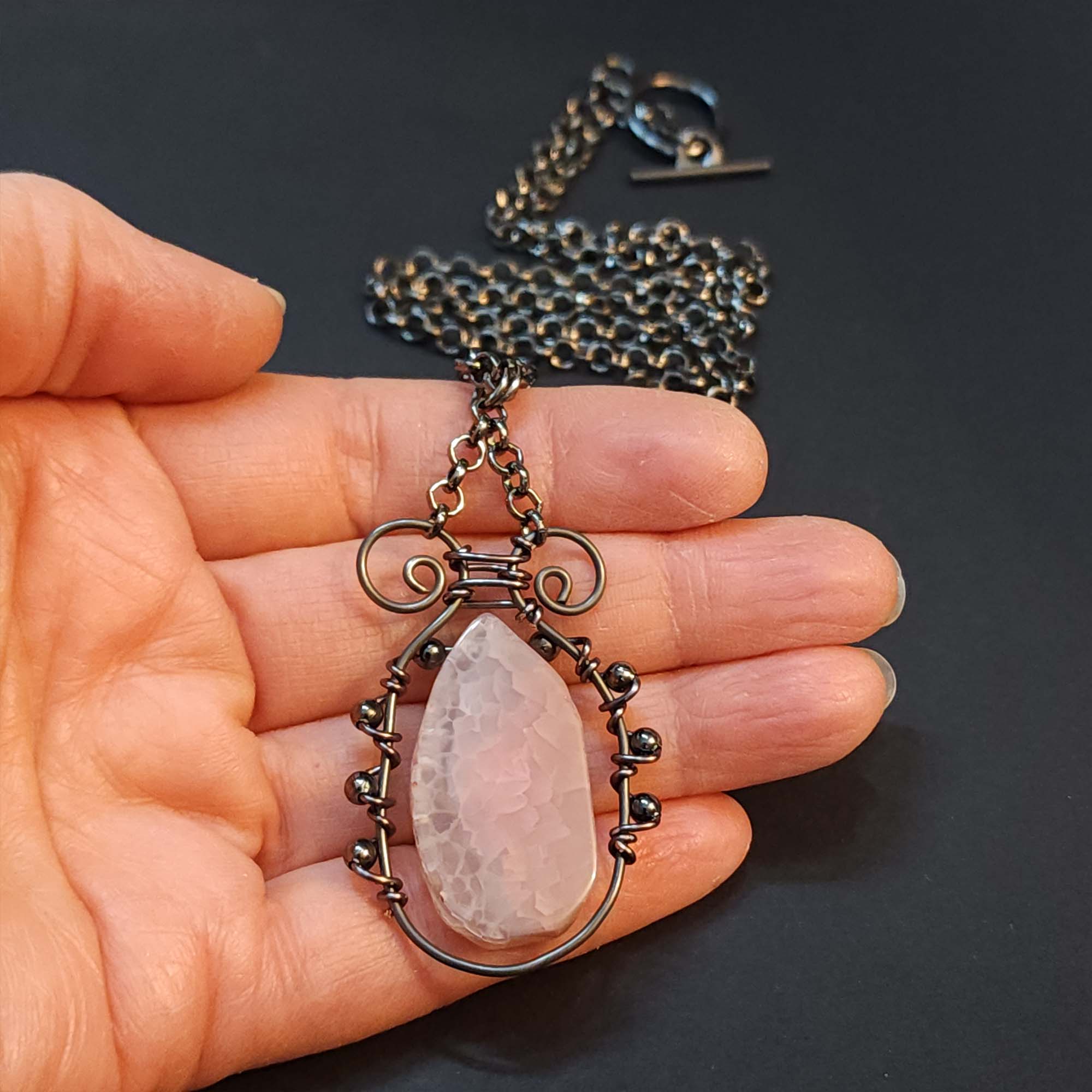 Pink Agate Statement Necklace, Black Wire Wrapped Pendant
