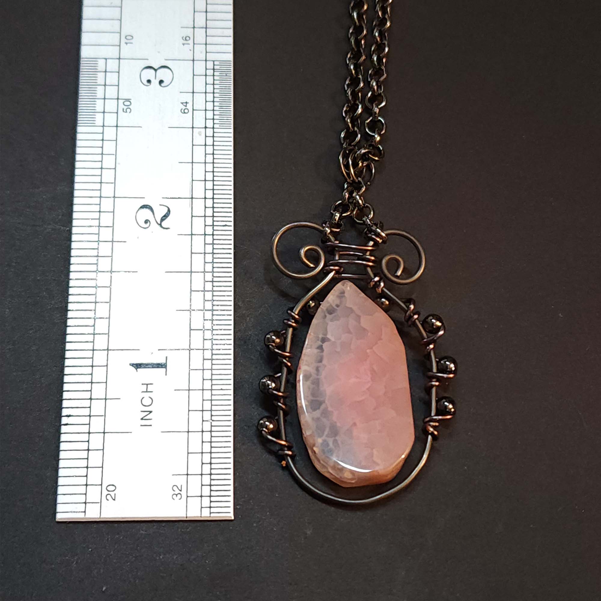 Pink Agate Statement Necklace, Black Wire Wrapped Pendant
