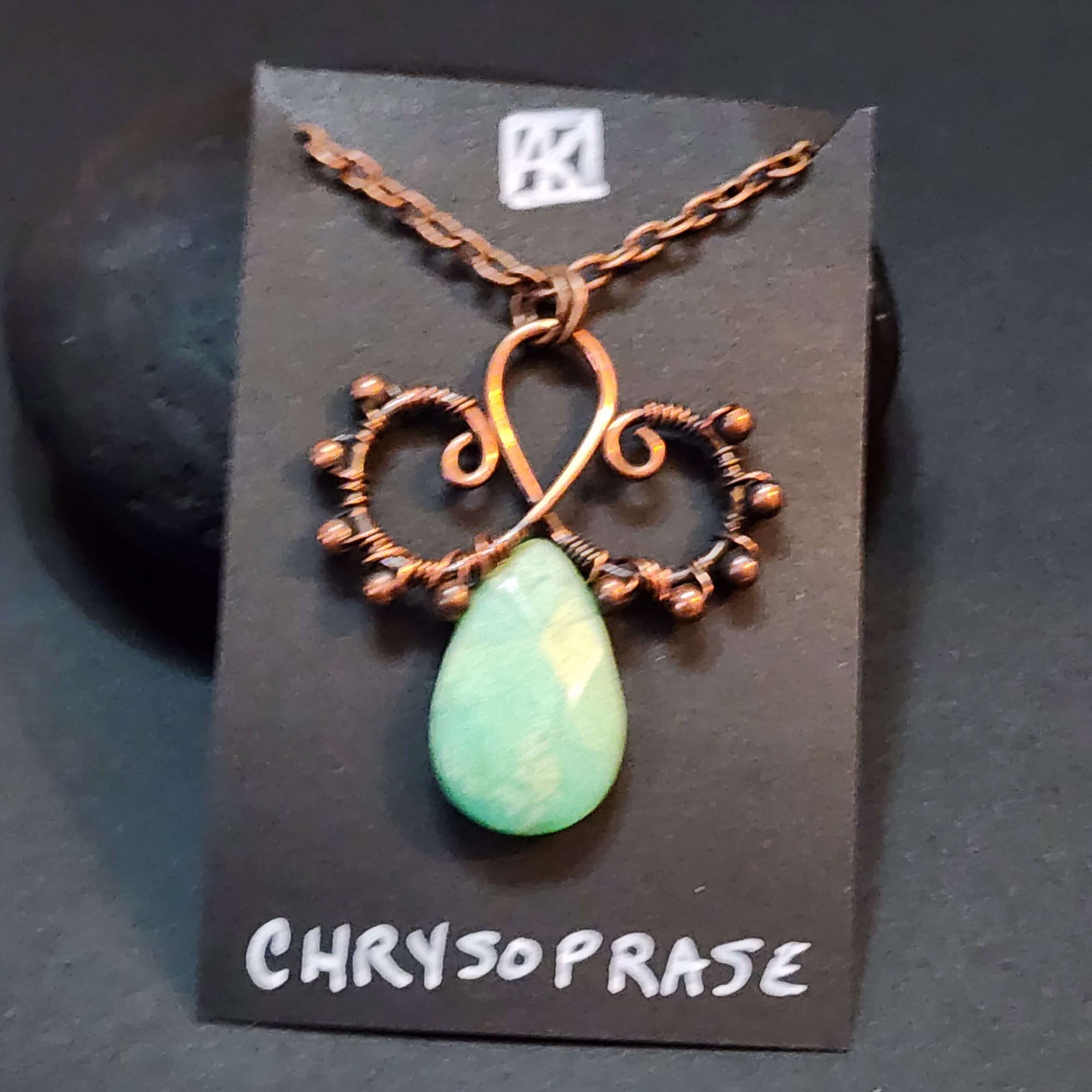 Green Chrysoprase Statement Necklace, Copper Wire Wrapped Pendant